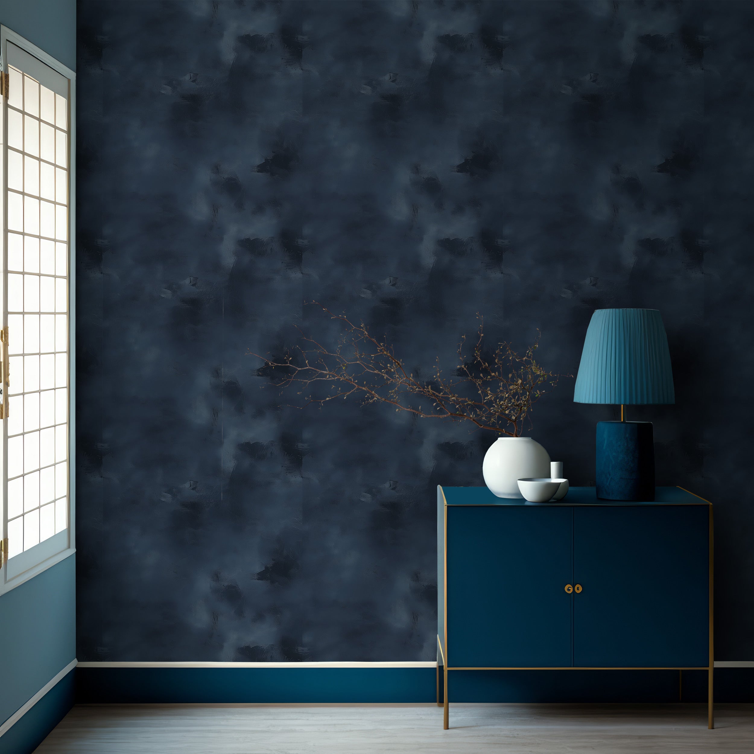 Navy blue abstract texture wallpaper in a living room with a matching blue cabinet and teal lamp, showcasing a modern removab