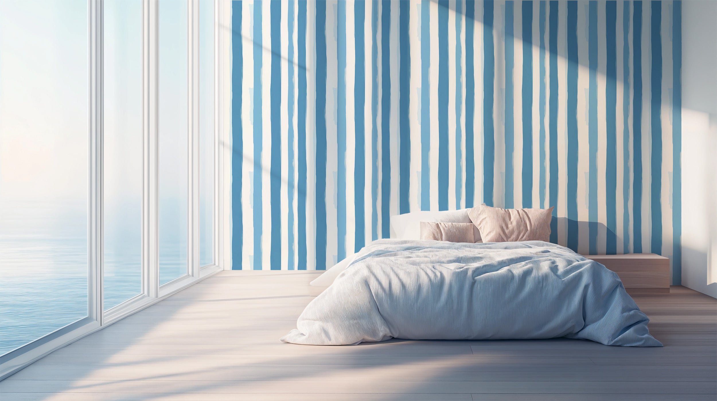 Blue watercolor striped wallpaper in a modern bedroom with a low bed, ocean-blue vertical stripes and white accents in a sunn