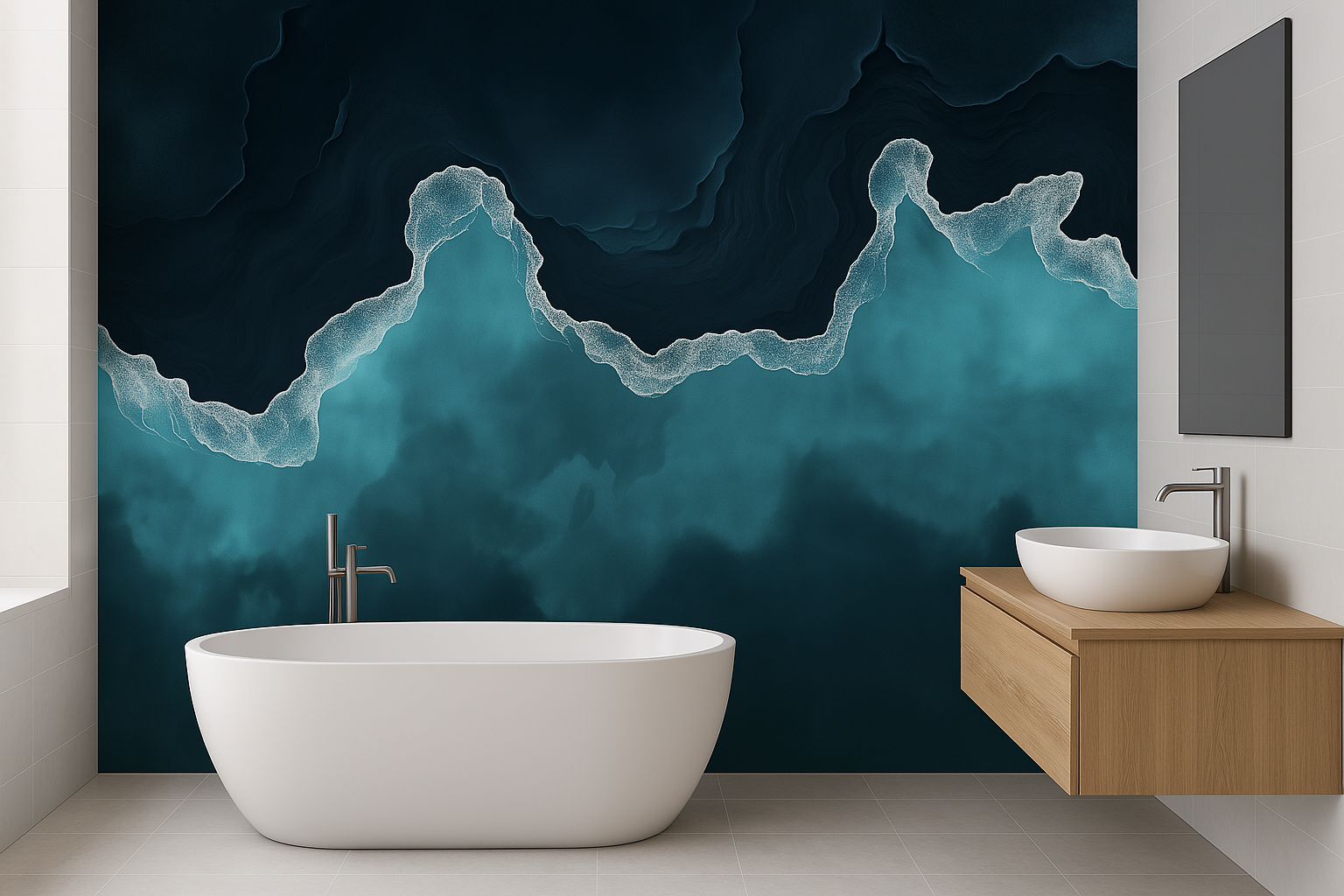 Ocean waves mural in teal and navy tones on a bathroom wall, with a freestanding tub and wood vanity