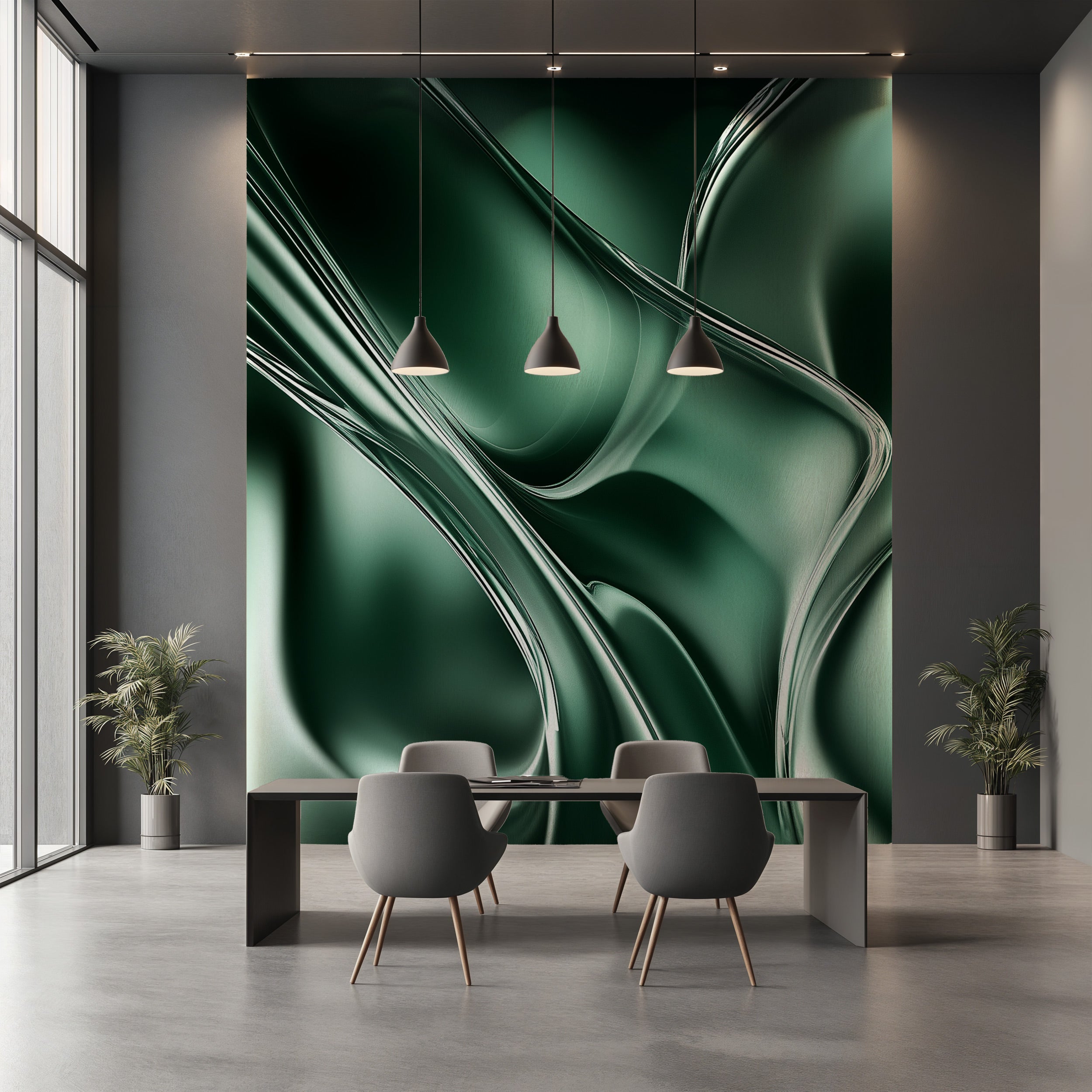 Emerald liquid metal abstract mural with flowing green shapes and metallic highlights on a modern dining room wall