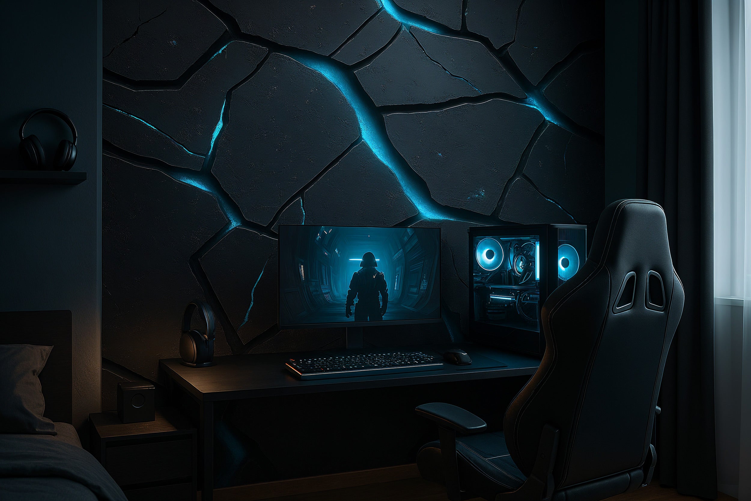 Cracked stone mural with cyan glow on a dark gamer room backdrop featuring a desk, monitor, PC, and blue accent lighting