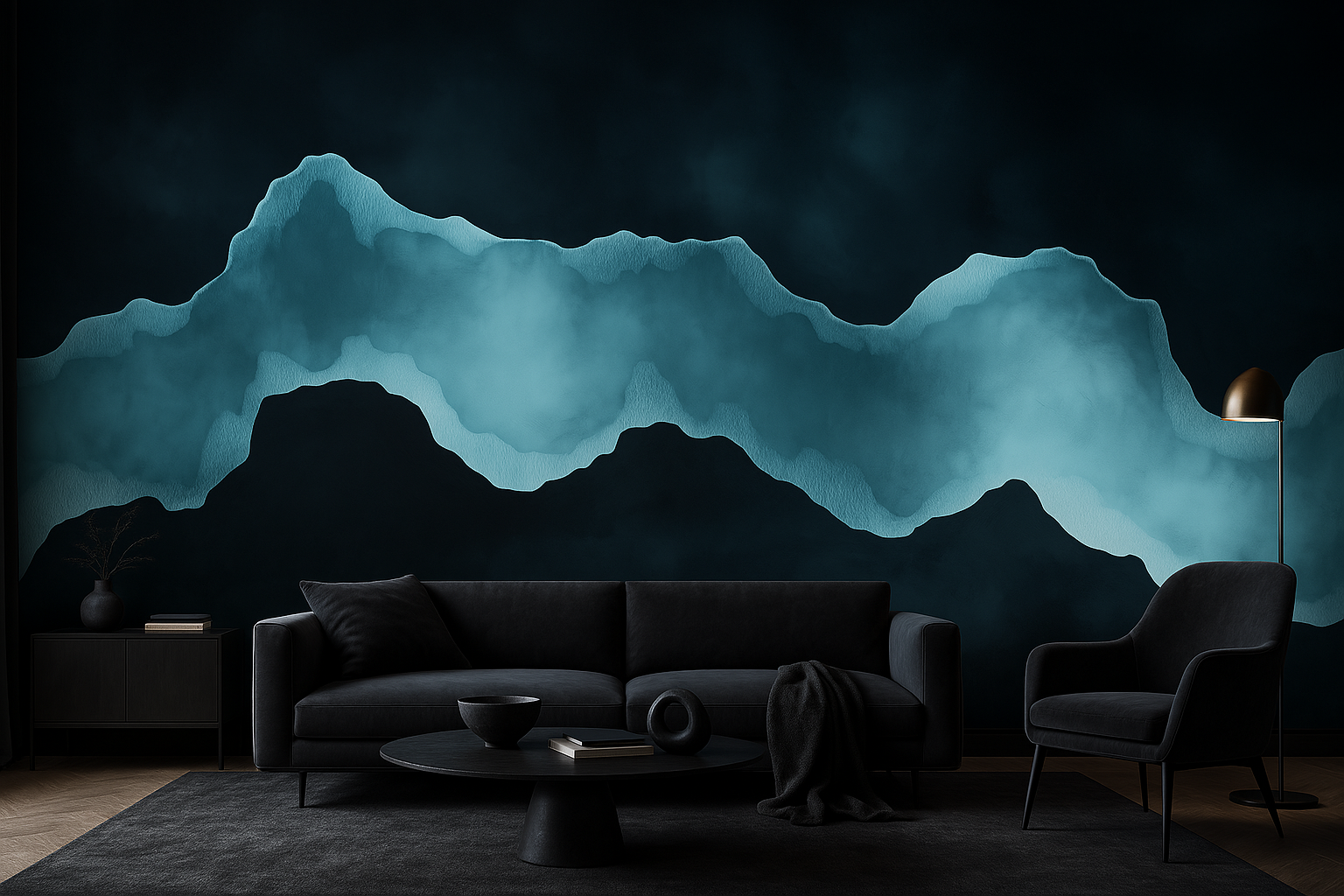 Abstract teal mountain mural in a dark living room with a navy gradient wall, modern black sofa, and minimalist furniture, re