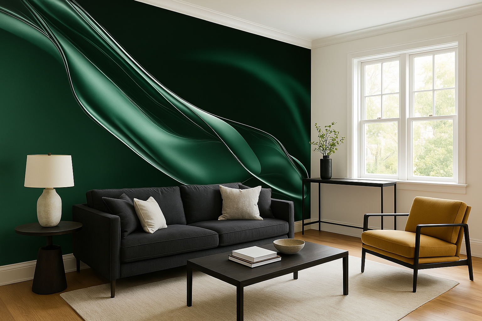 Emerald abstract flow mural with liquid curves on a dark green wall in a modern living room with sofa, yellow chair, and natu