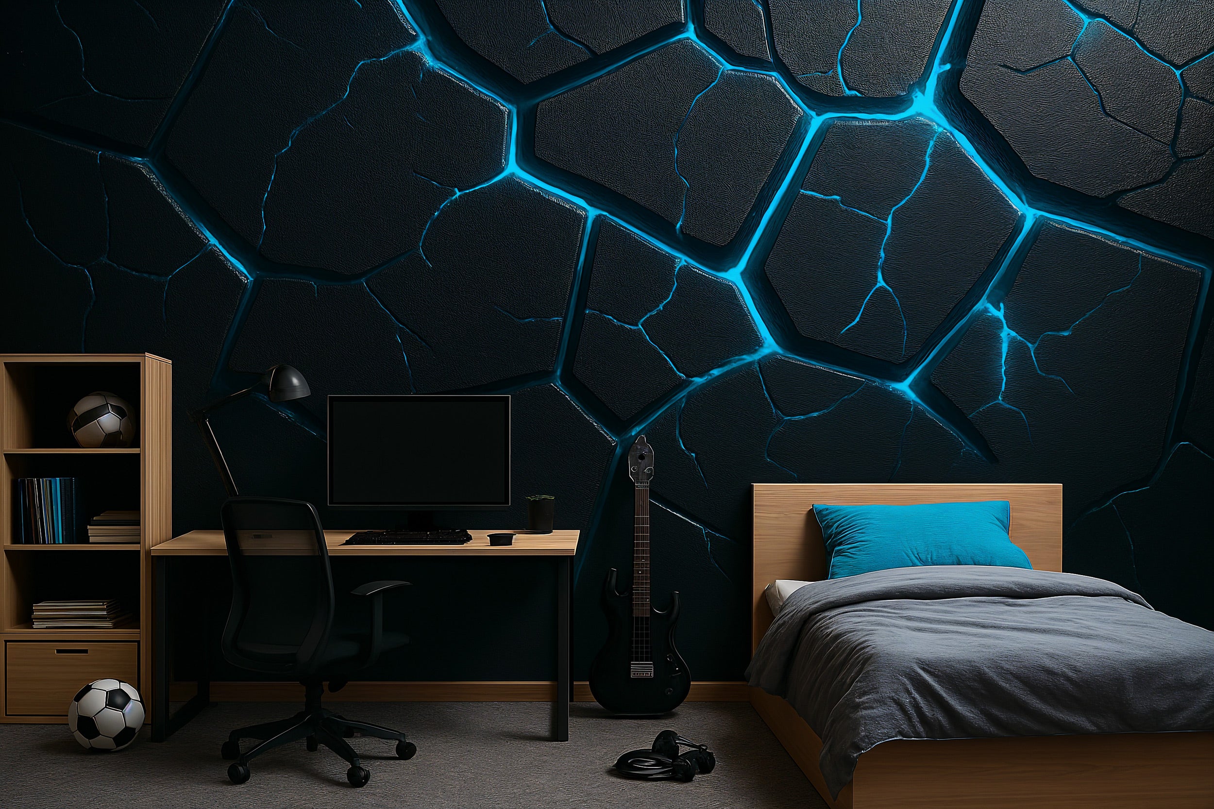 Dark futuristic hexagon mural with glowing cyan energy lines in a modern bedroom featuring a desk, computer, guitar, and twin