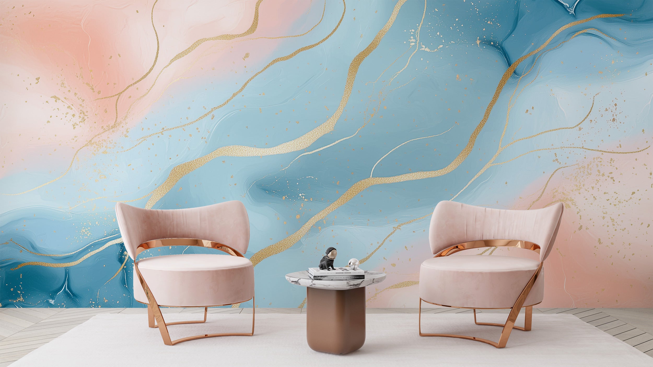 Blue pink abstract mural with gold veining in a modern living room, soft pink chairs, marble side table, contemporary self-ad