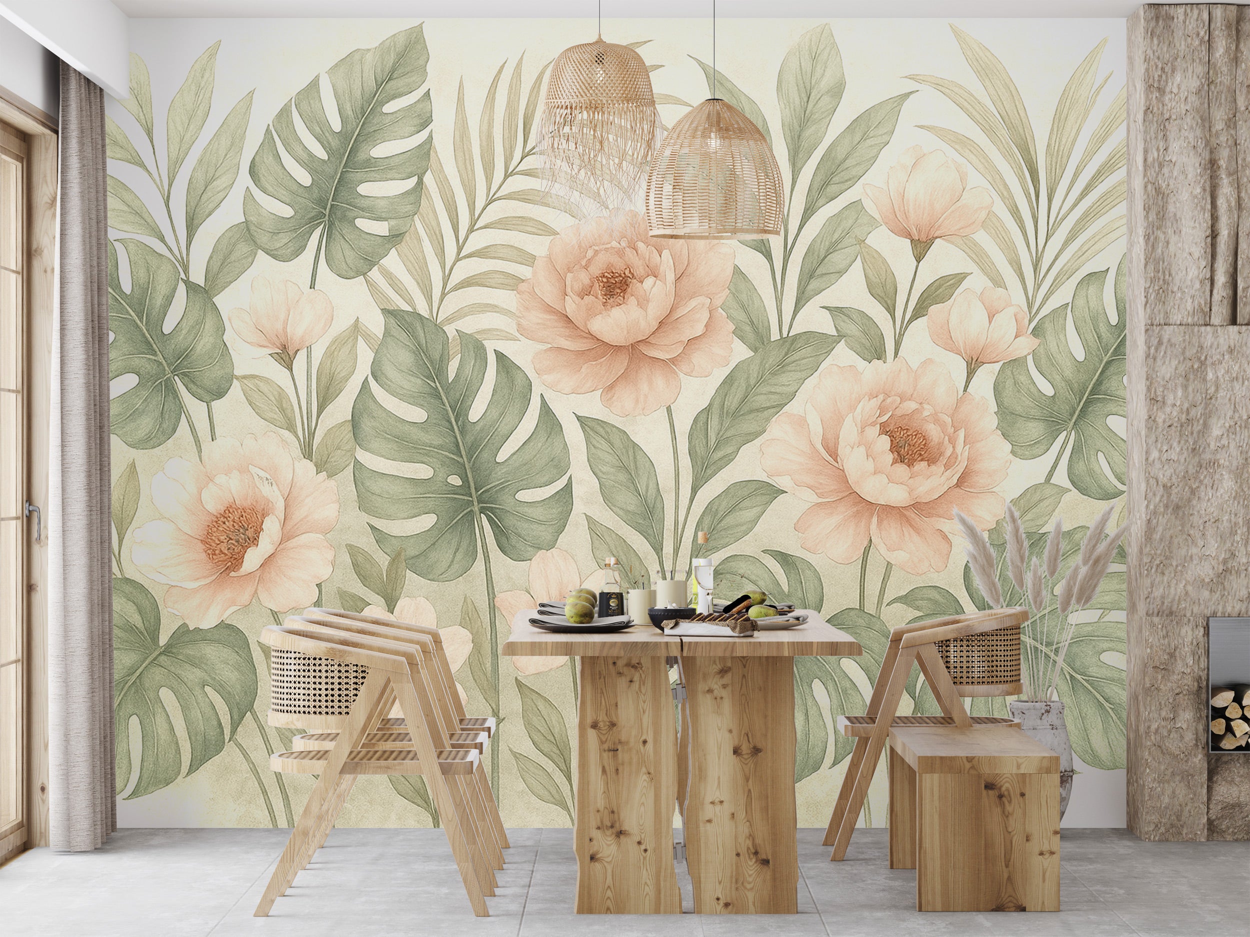 Removable tropical mural in a dining room featuring peach peonies, green monstera leaves, watercolor style, peel and stick ar