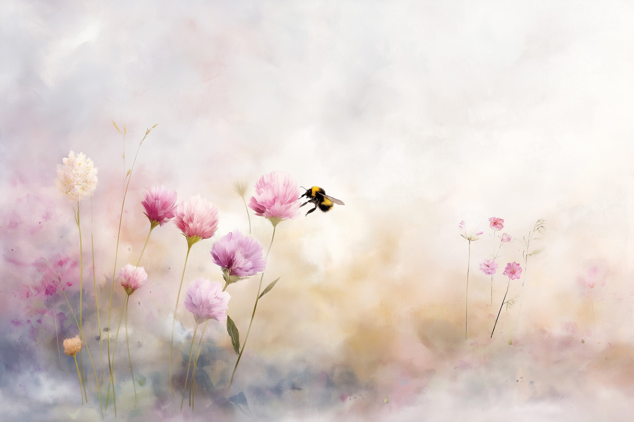 Watercolor meadow mural with pink cosmos flowers and a hovering bumblebee in a soft pastel bedroom scene, removable peel and
