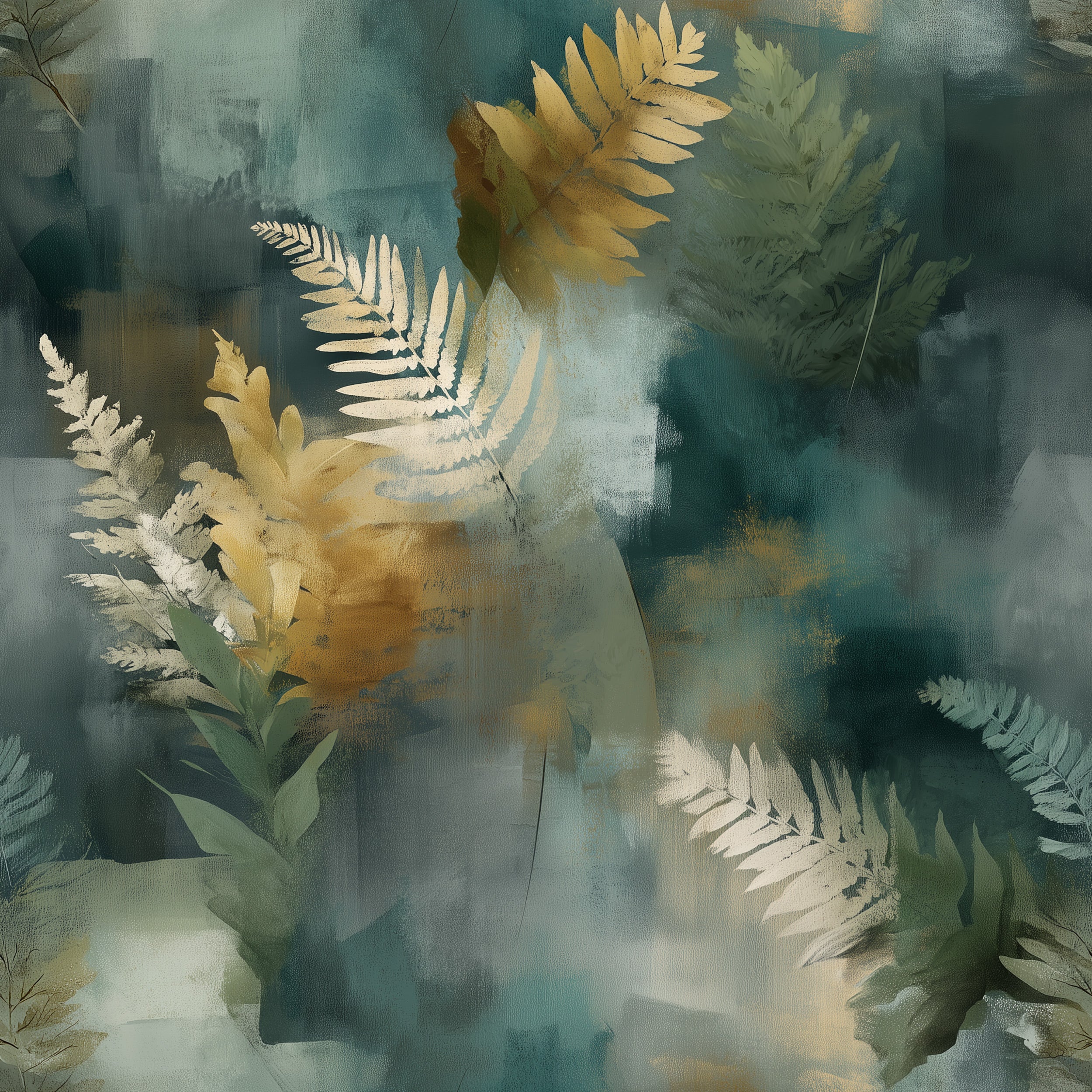 Abstract botanical wallpaper with golden ferns on teal watercolor background showing fern motifs and soft gold accents in a m