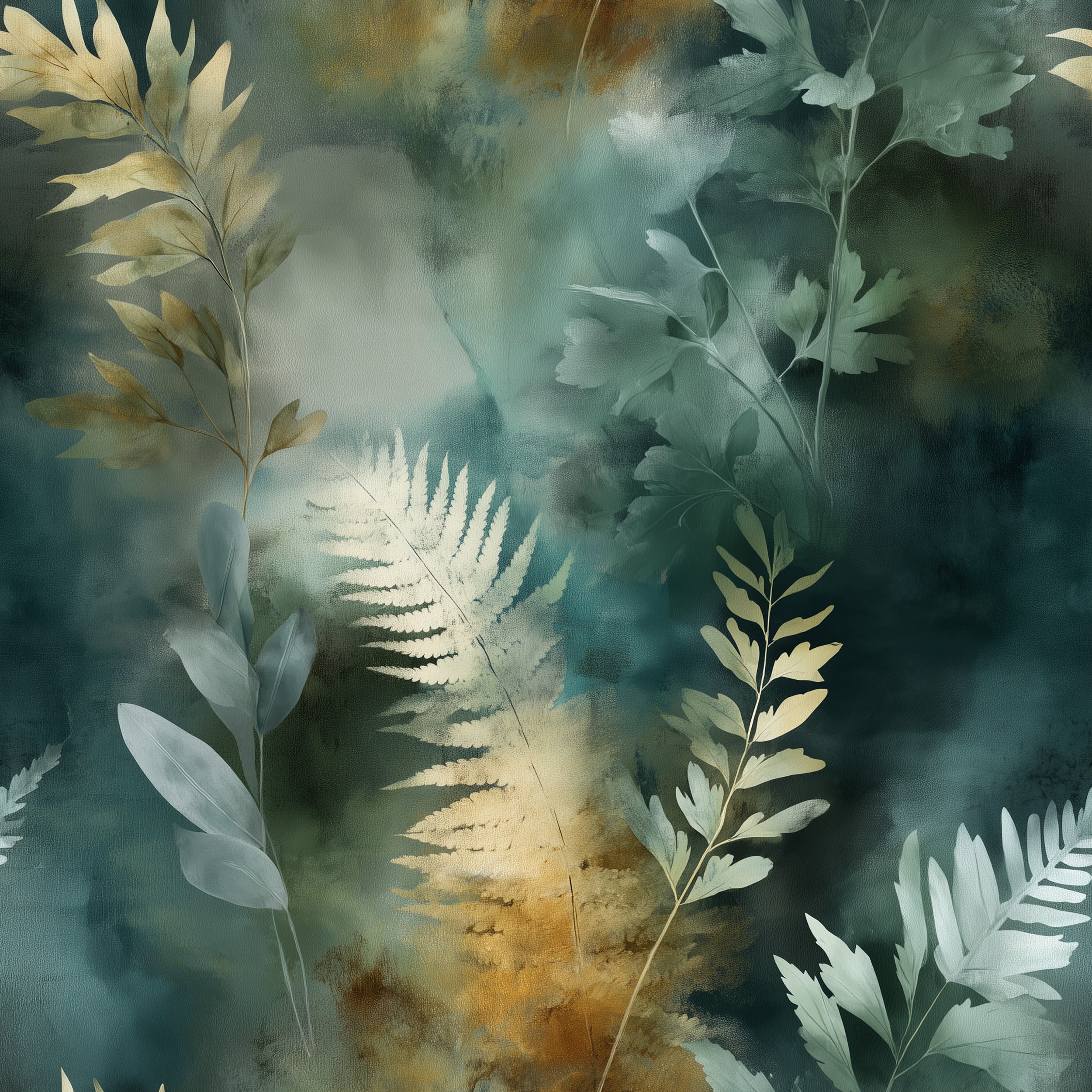 Watercolor fern and leaf motifs in teal, sage green, and gold on a soft nature mural background, botanical wallpaper style ar