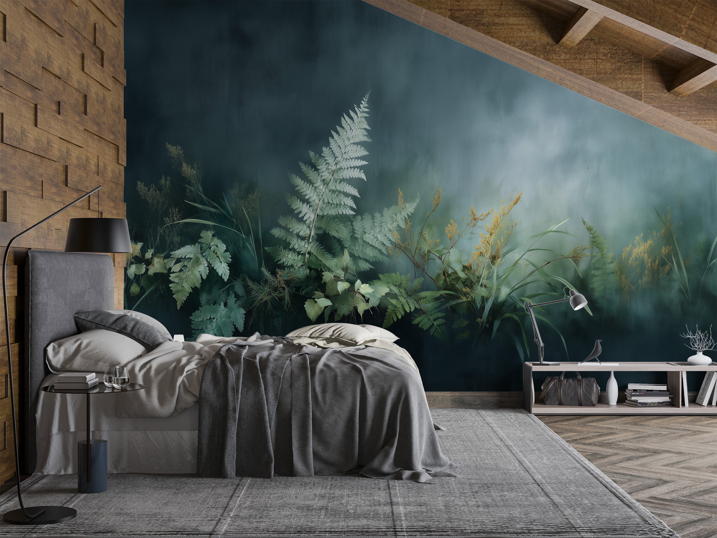 Teal forest mural with ferns and misty atmosphere adorns a modern bedroom wall behind a gray bed and wood-paneled accent wall