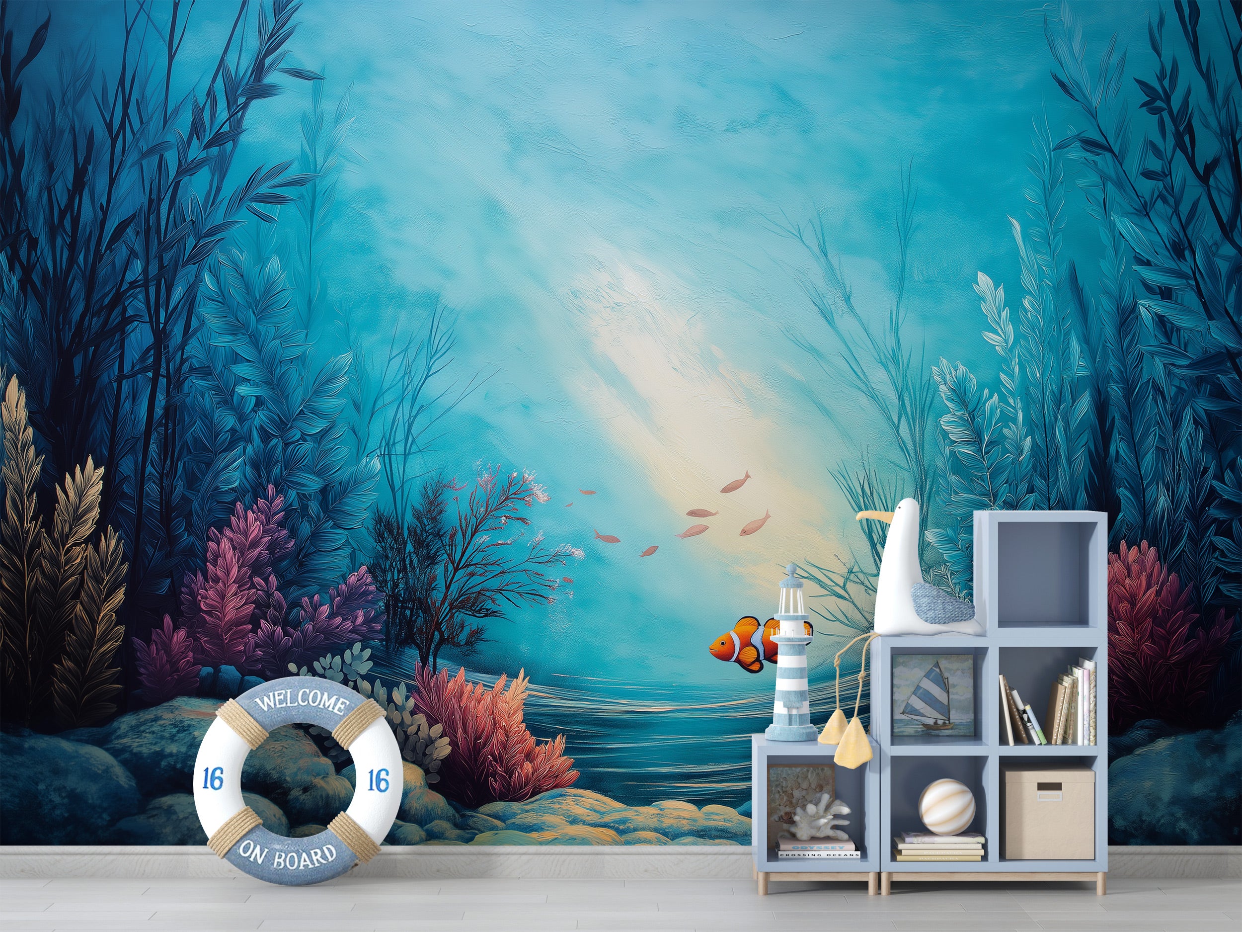Vibrant underwater mural in a turquoise ocean scene with coral reefs, sea plants, and small clownfish swimming near a coastal