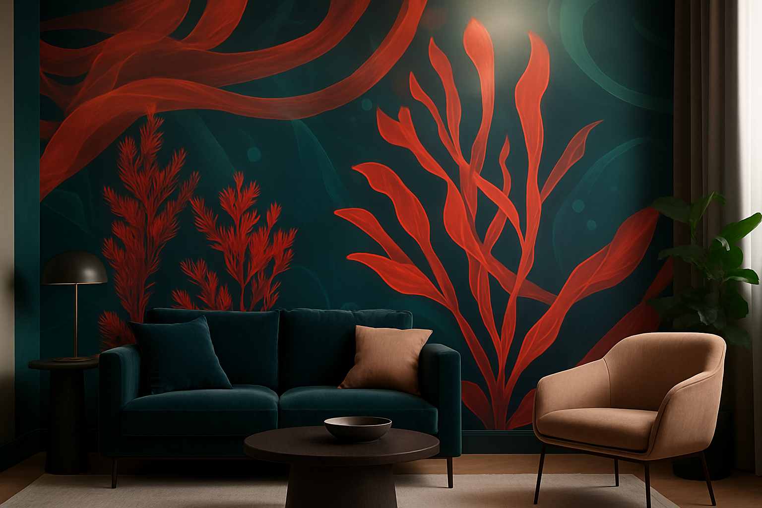 Underwater seaweed mural with red coral against teal background, ocean botanical wallpaper in living room setting