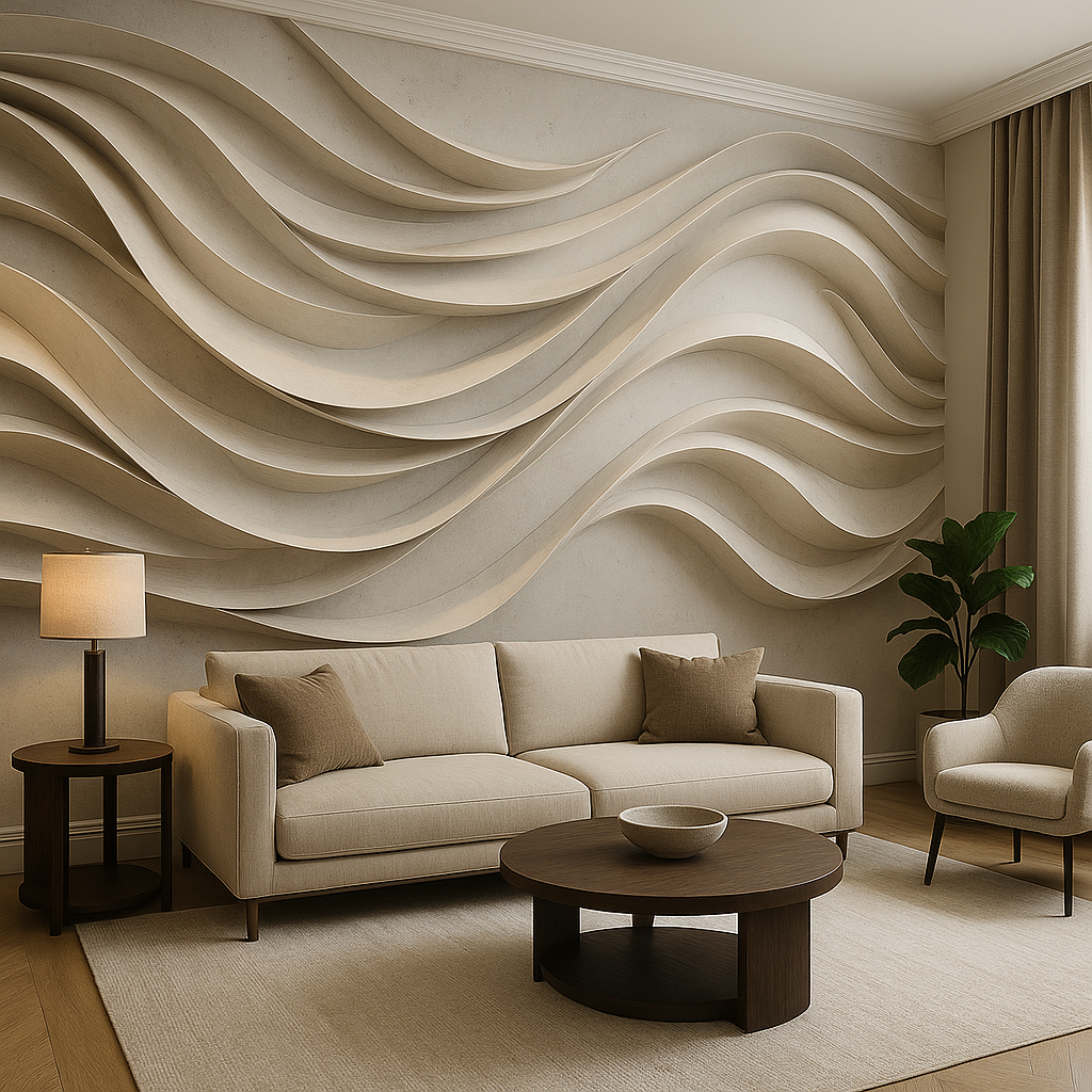 Neutral-toned 3D wave mural in a living room with beige sofa, lounge chair, and plant, showcasing sculptural flowing walls