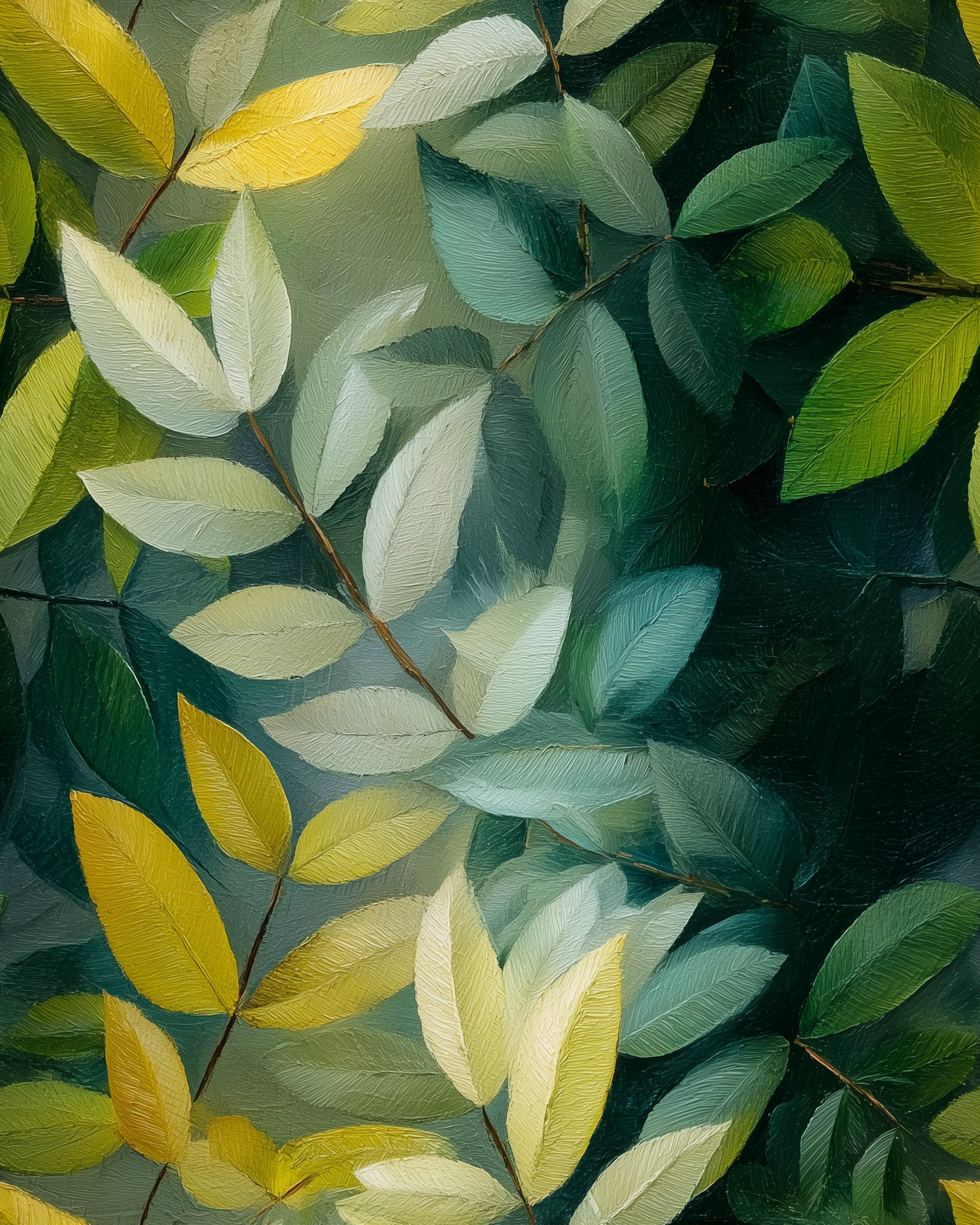 Close-up of green botanical leaves with yellow accents in a tropical, leafy wallpaper pattern for nature wall decor and remov