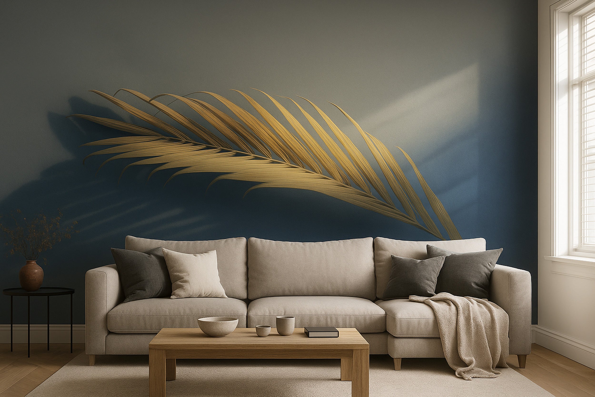 Golden palm leaf mural wallpaper in a modern living room with neutral beige sofa and deep blue wall featuring dramatic shadow