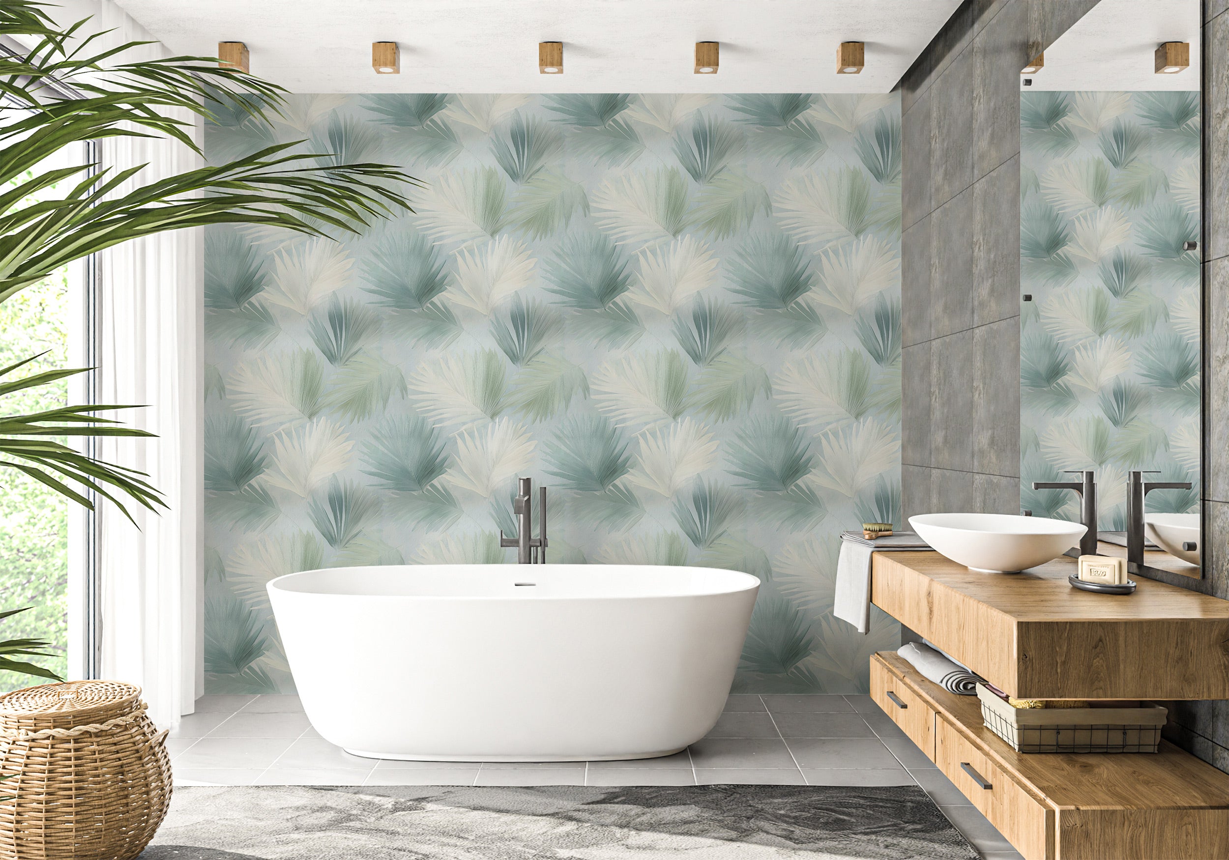 Bathroom with a freestanding white oval tub, sage green and cream palm leaf wallpaper, wooden vanity, and modern fixtures