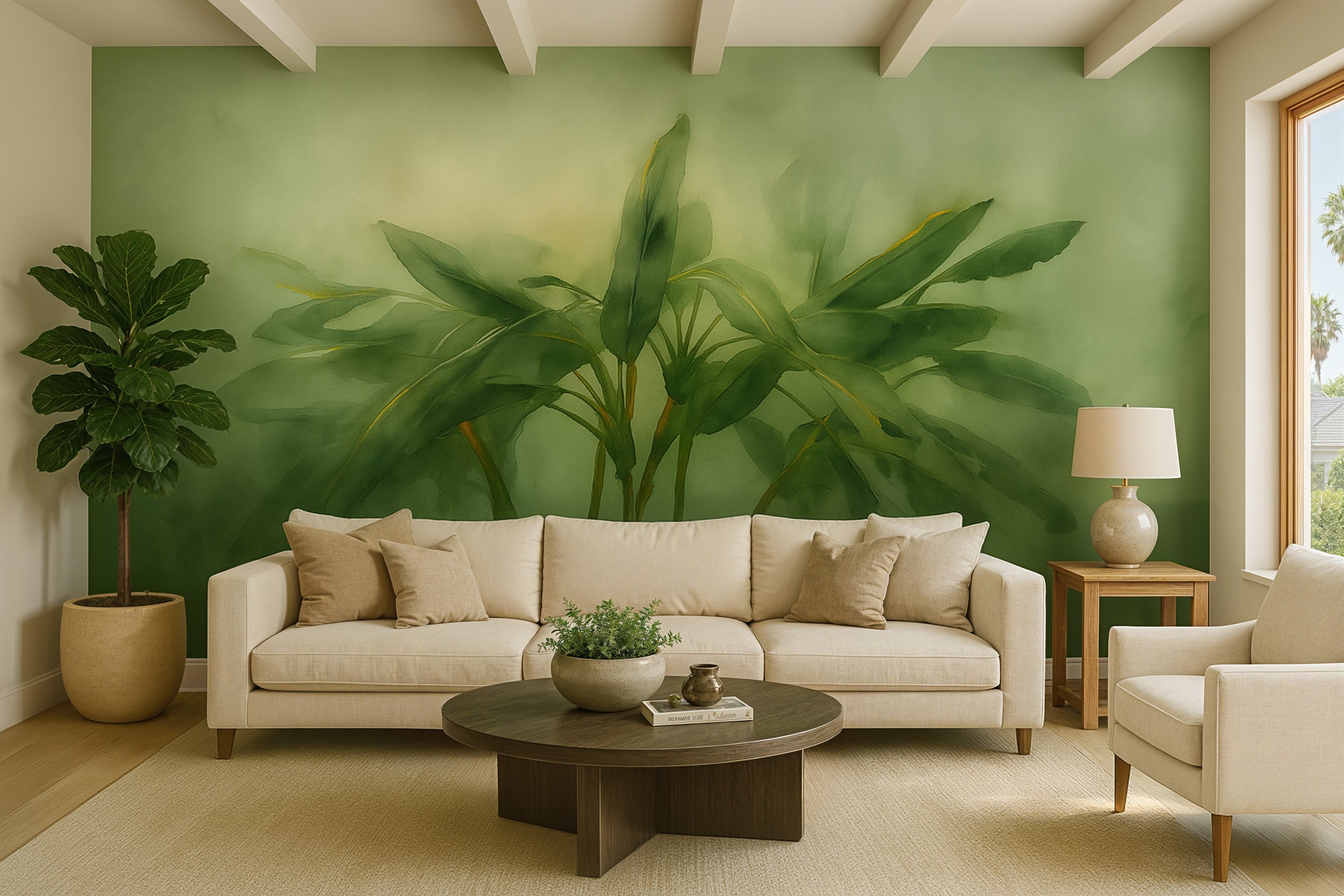 Living room with a beige sofa, coffee table, and decorative plants against a green wall.
