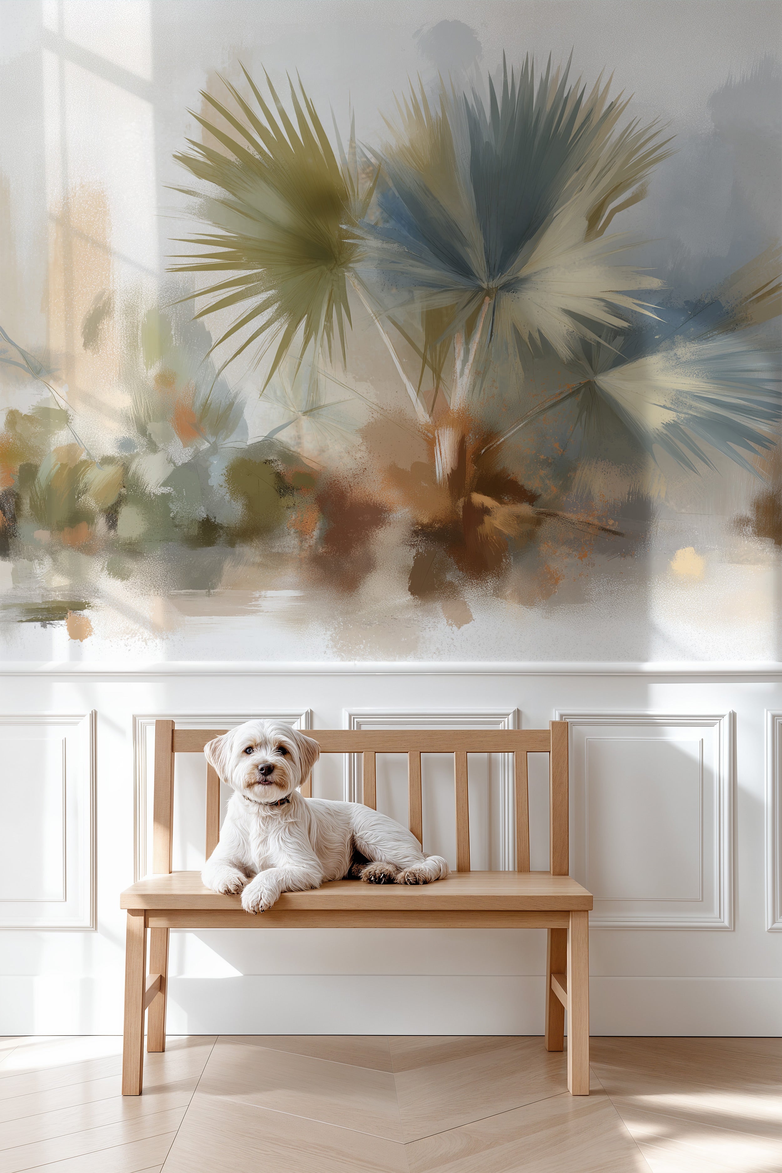 Watercolor palm tree mural with soft beige and green tones featuring large abstract fronds behind a small white dog on a wood