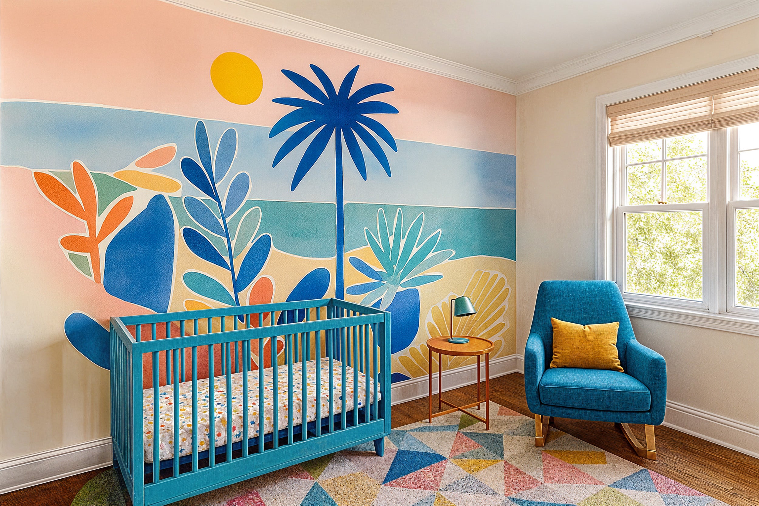 Vibrant tropical paradise mural with palm trees and abstract foliage in blues pinks oranges and teals on a nursery wall, blue