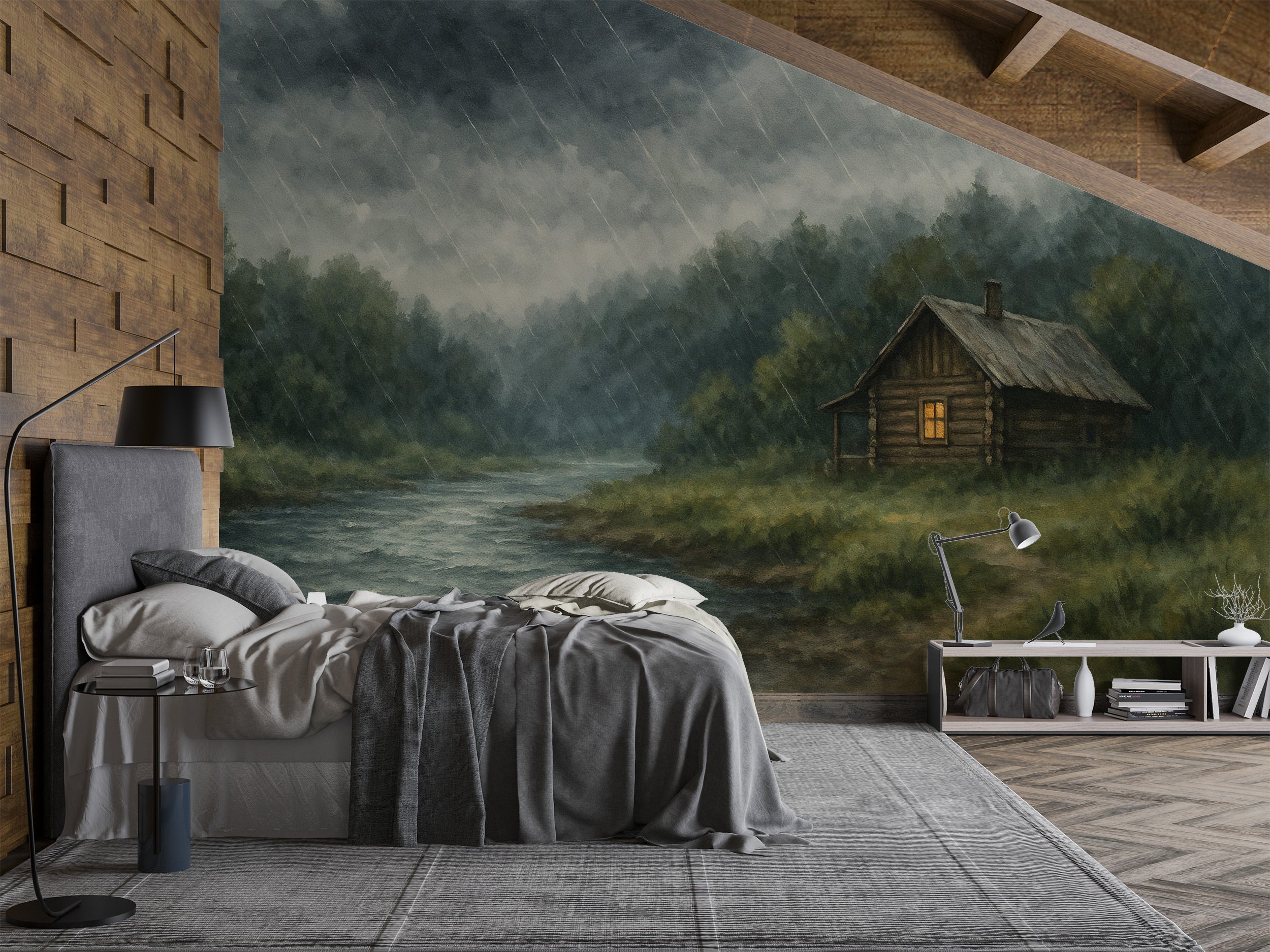Rainy forest cabin mural with moody stormy skies, a glowing wooden cabin by a river amid lush trees in a cozy bedroom setting