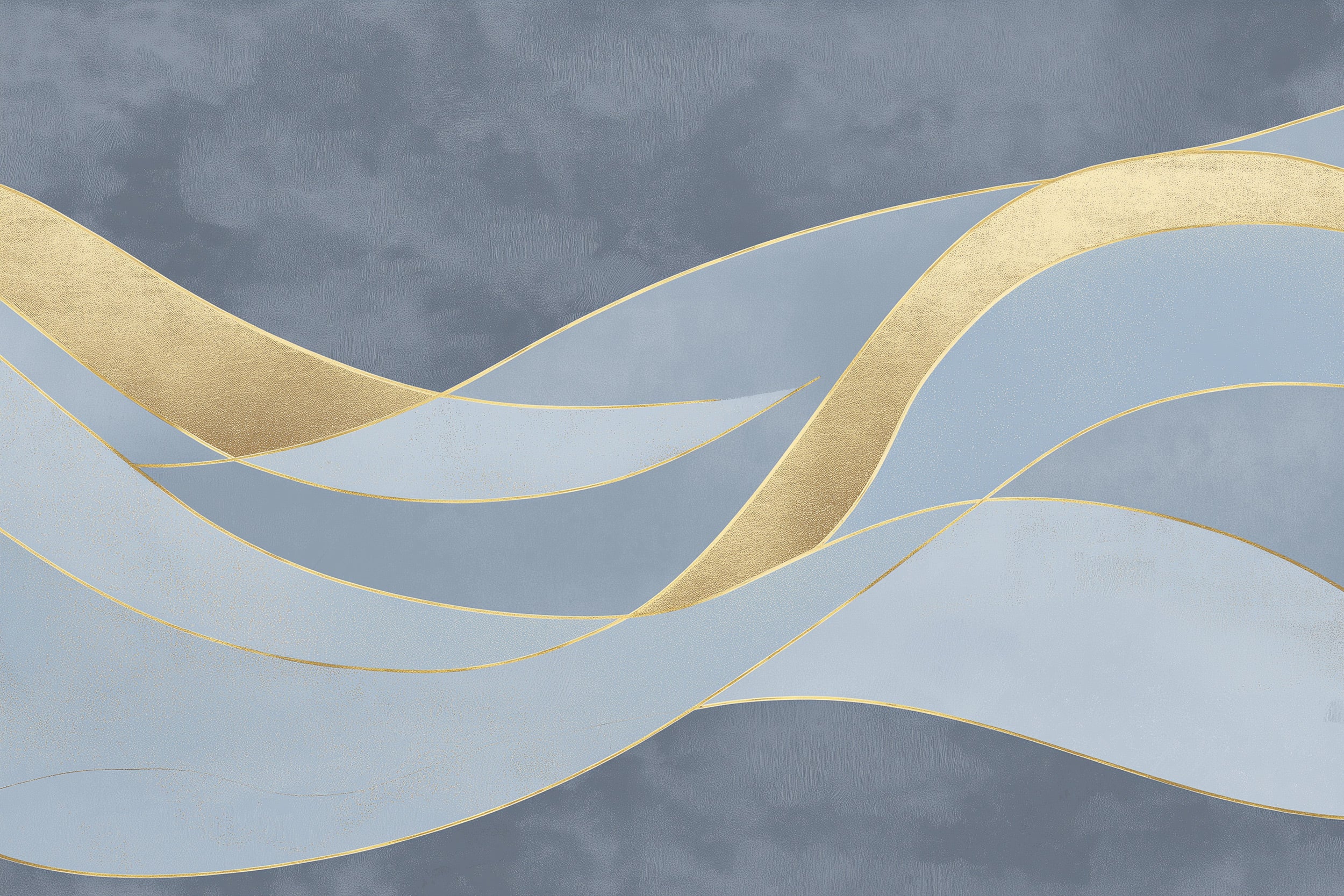 Abstract golden curves mural on blue grey backdrop with flowing metallic gold lines and soft blue tones on wall art style set