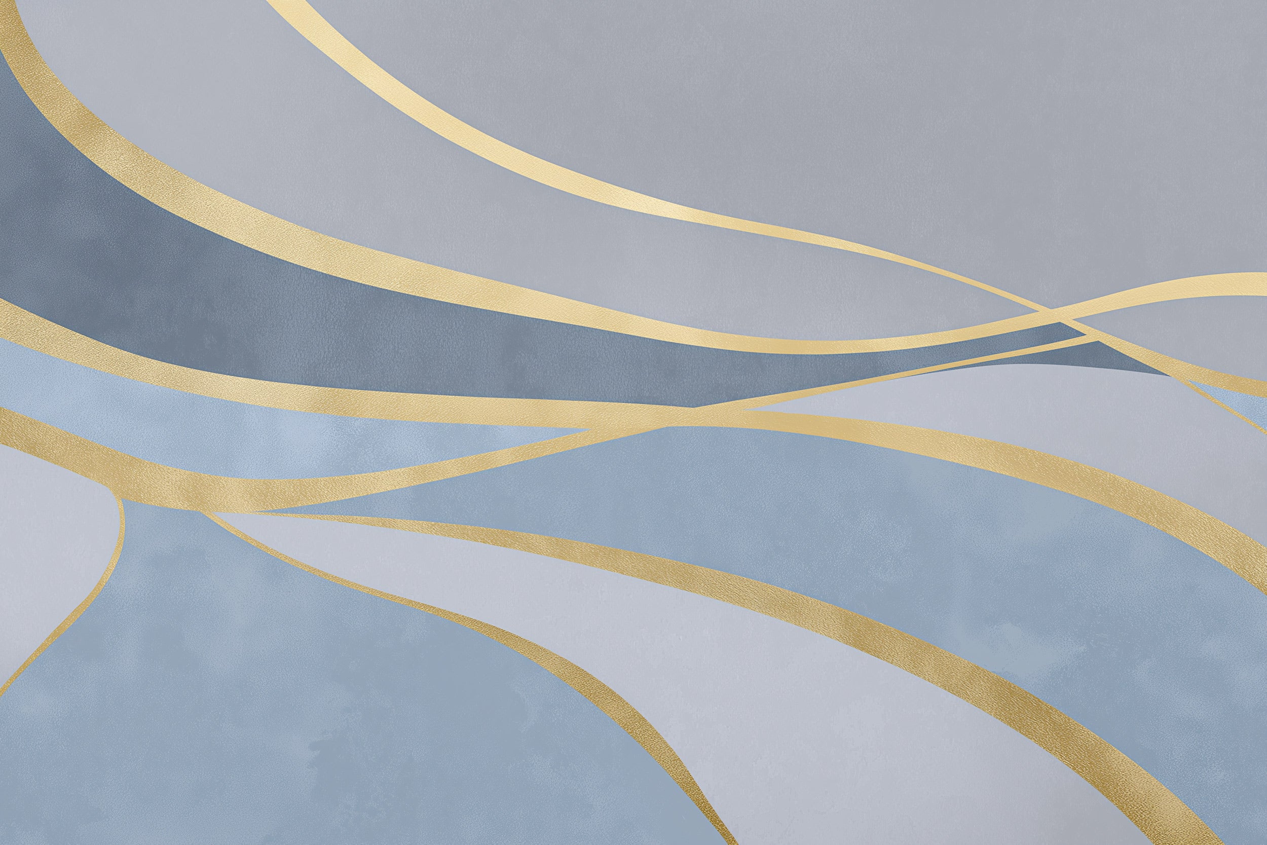 Abstract mural with flowing gold lines on blue grey backdrop, modern wall art featuring curved gold accents in soft tones