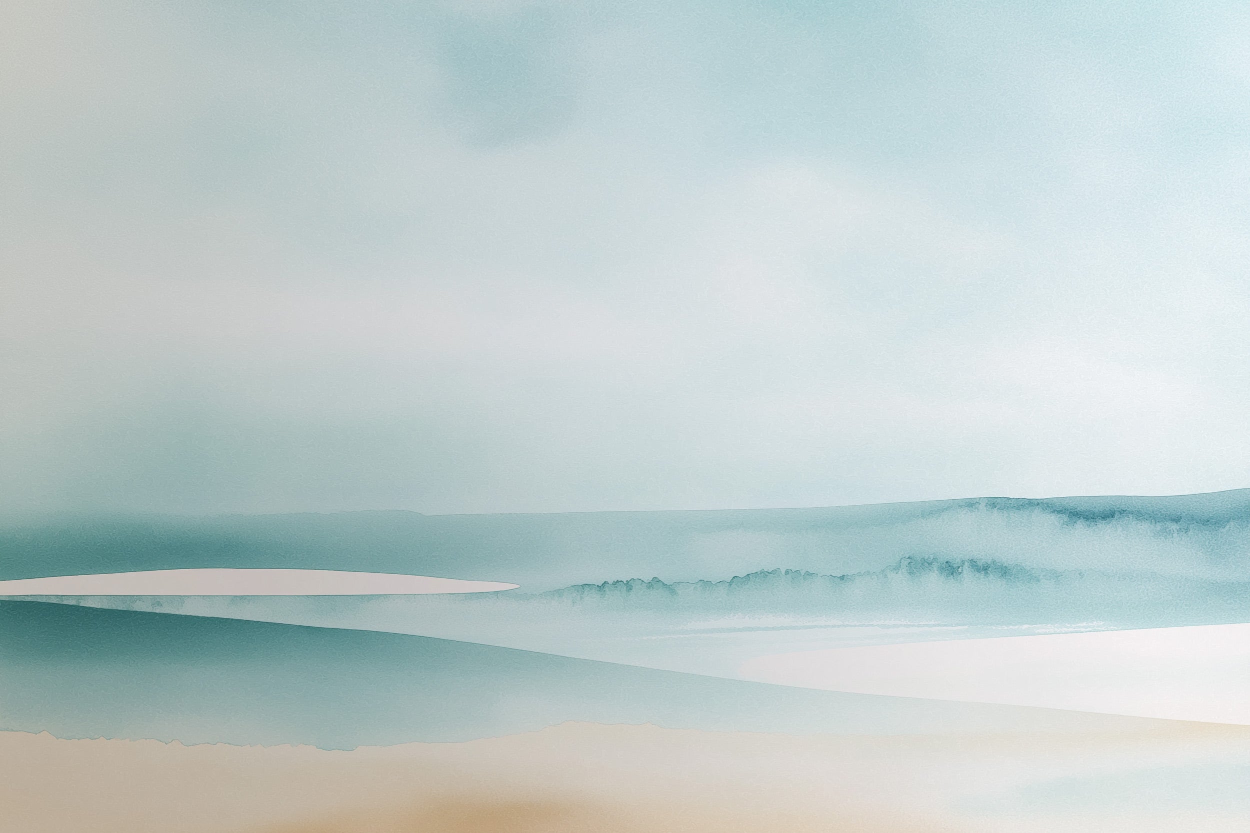 Calming watercolor ocean waves mural in teal and beige with soft coastal hues for serene wall decor