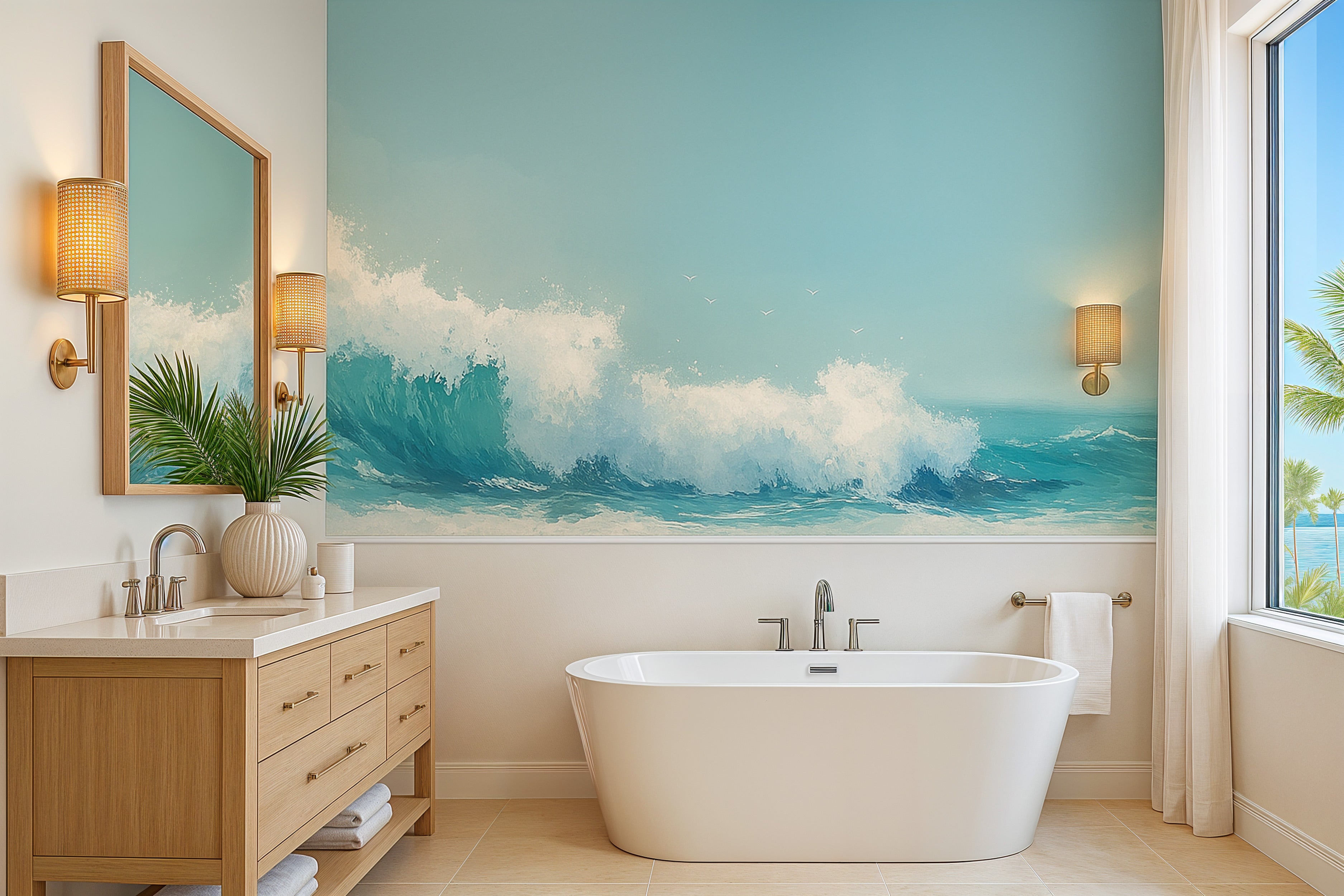 Ocean wave mural with turquoise water and white foam in a coastal bathroom with a freestanding tub, palm-scented decor, and b
