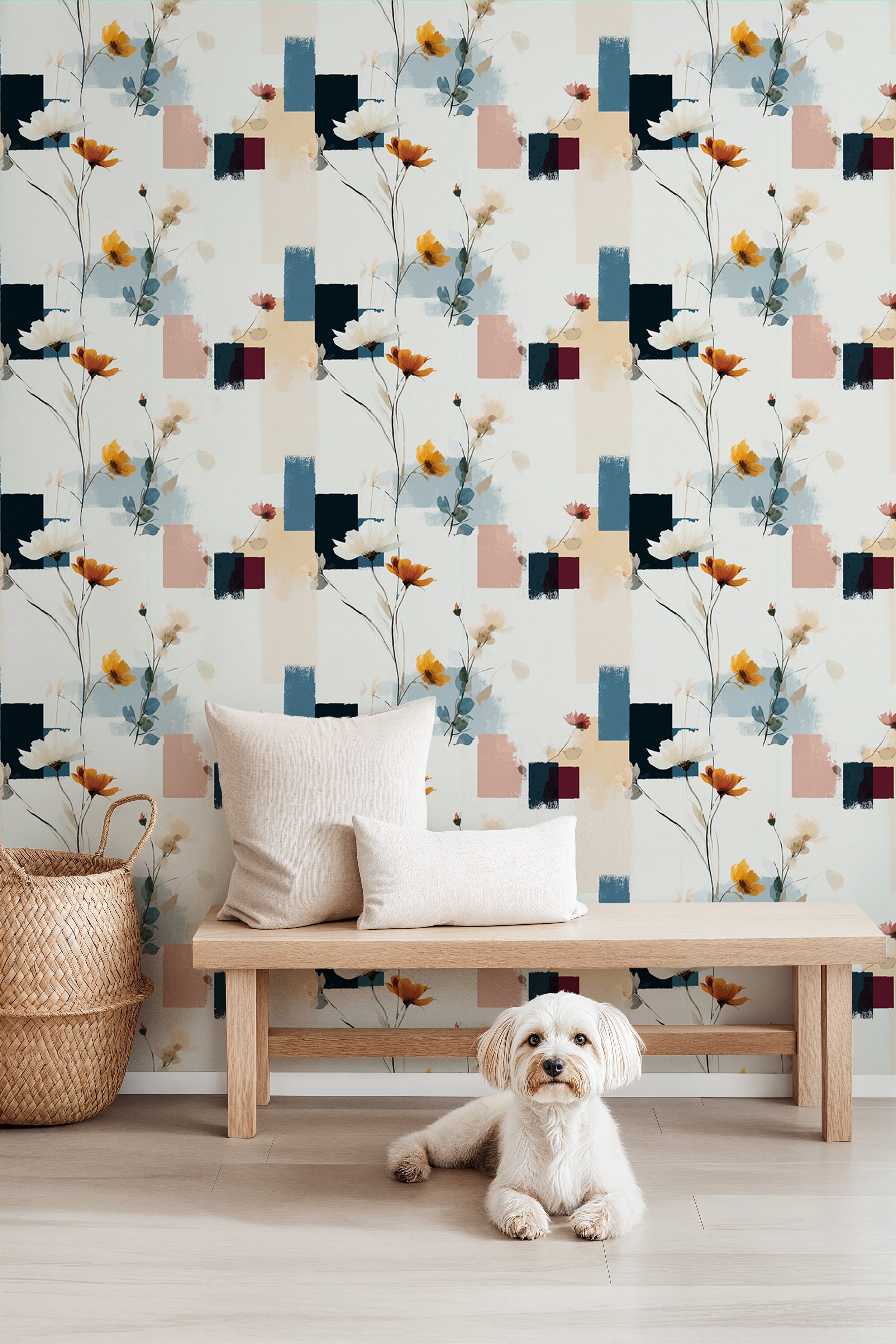 Abstract floral wallpaper with geometric blocks and cosmos flowers in navy, teal, burgundy and soft pink, removable self-adhe