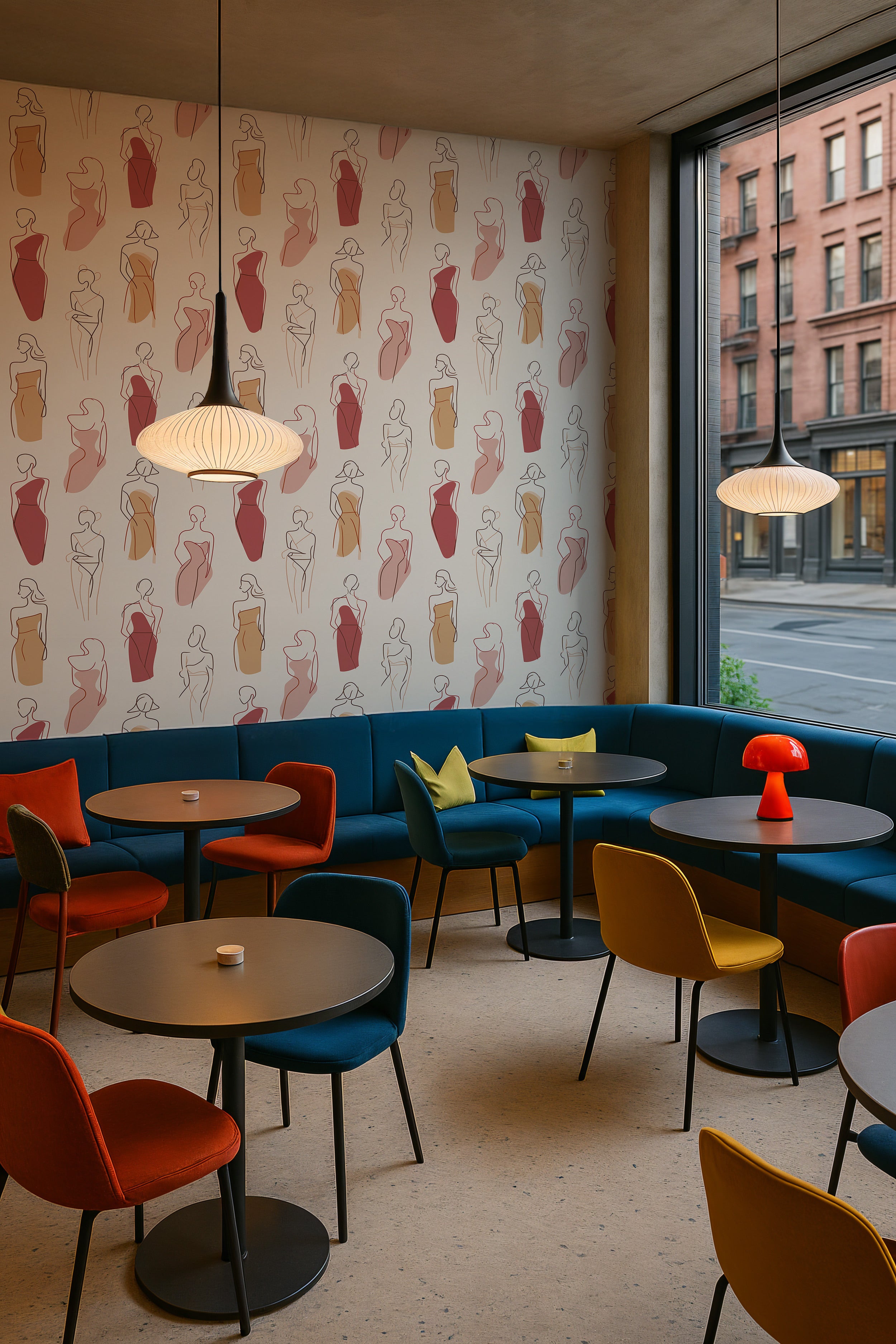 Removable fashion figure wallpaper with elegant terracotta and dusty rose silhouettes in a chic dining nook with colorful cha