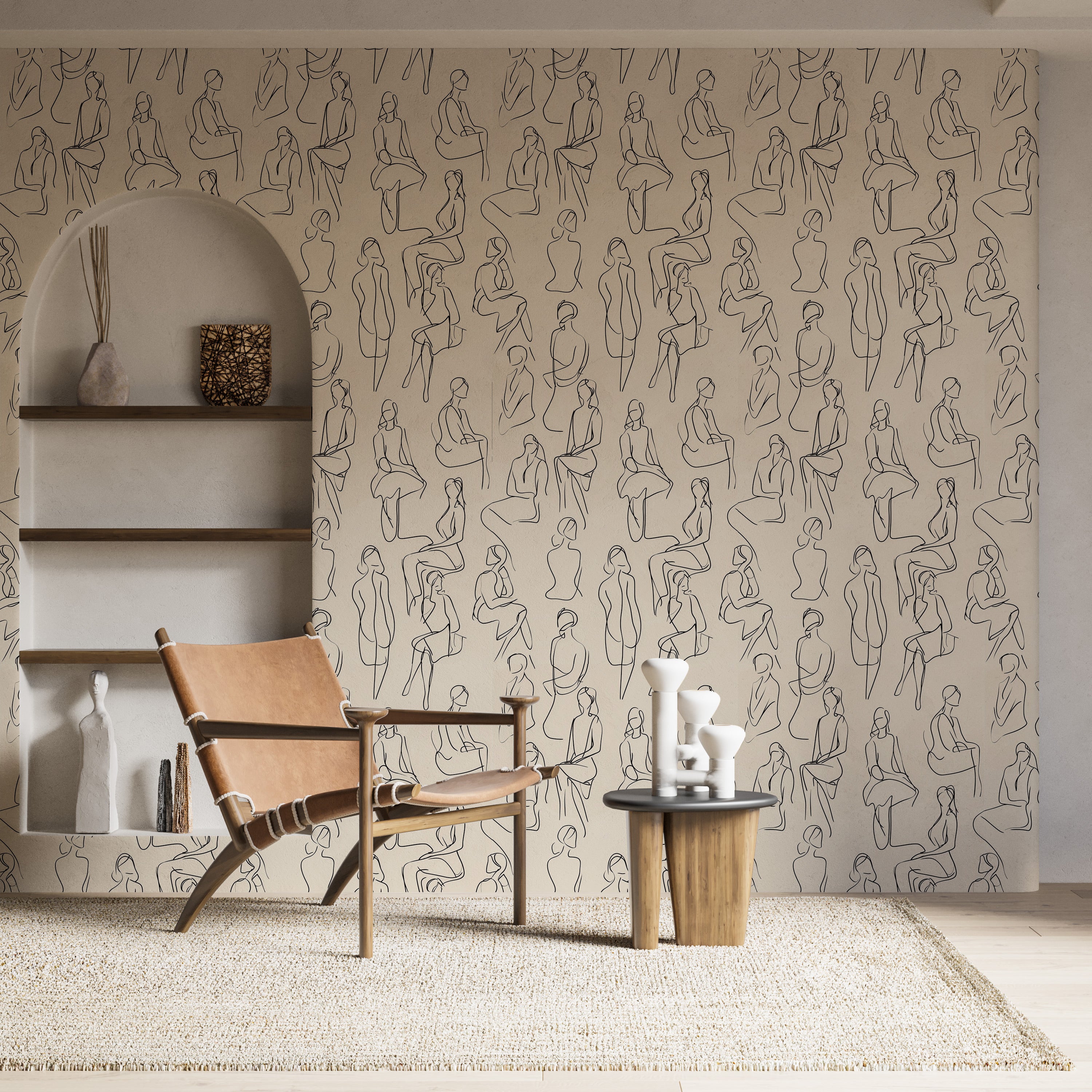 Beige abstract figure art wallpaper with minimalist black line silhouettes in a modern living room setting featuring a wooden