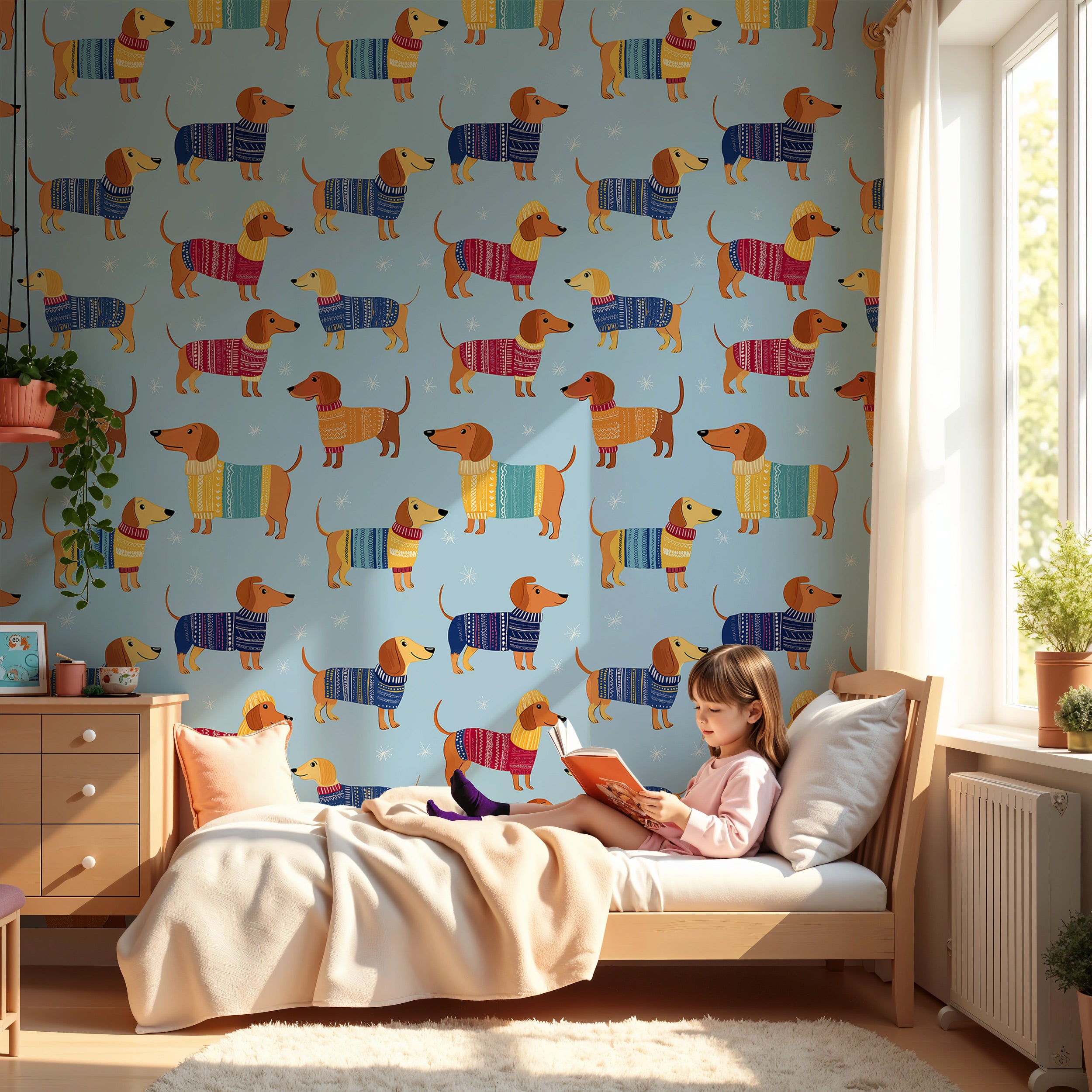 Cozy dachshund Christmas wallpaper in blue with colorful striped sweaters, cute wiener dogs on a child’s bedroom wall backgro