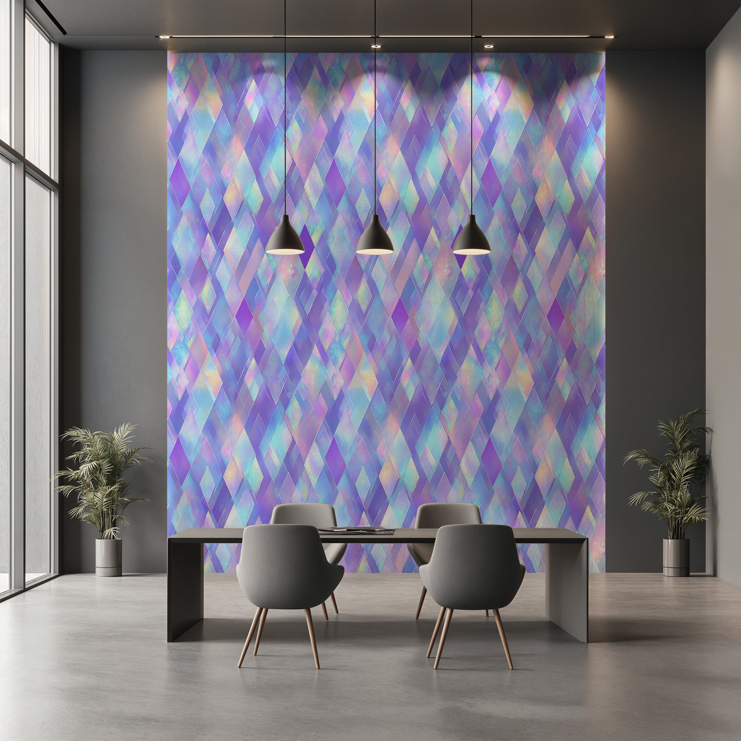 Holographic diamond pattern wallpaper in purple blue pink shades, peel and stick geometric design on feature wall in modern d