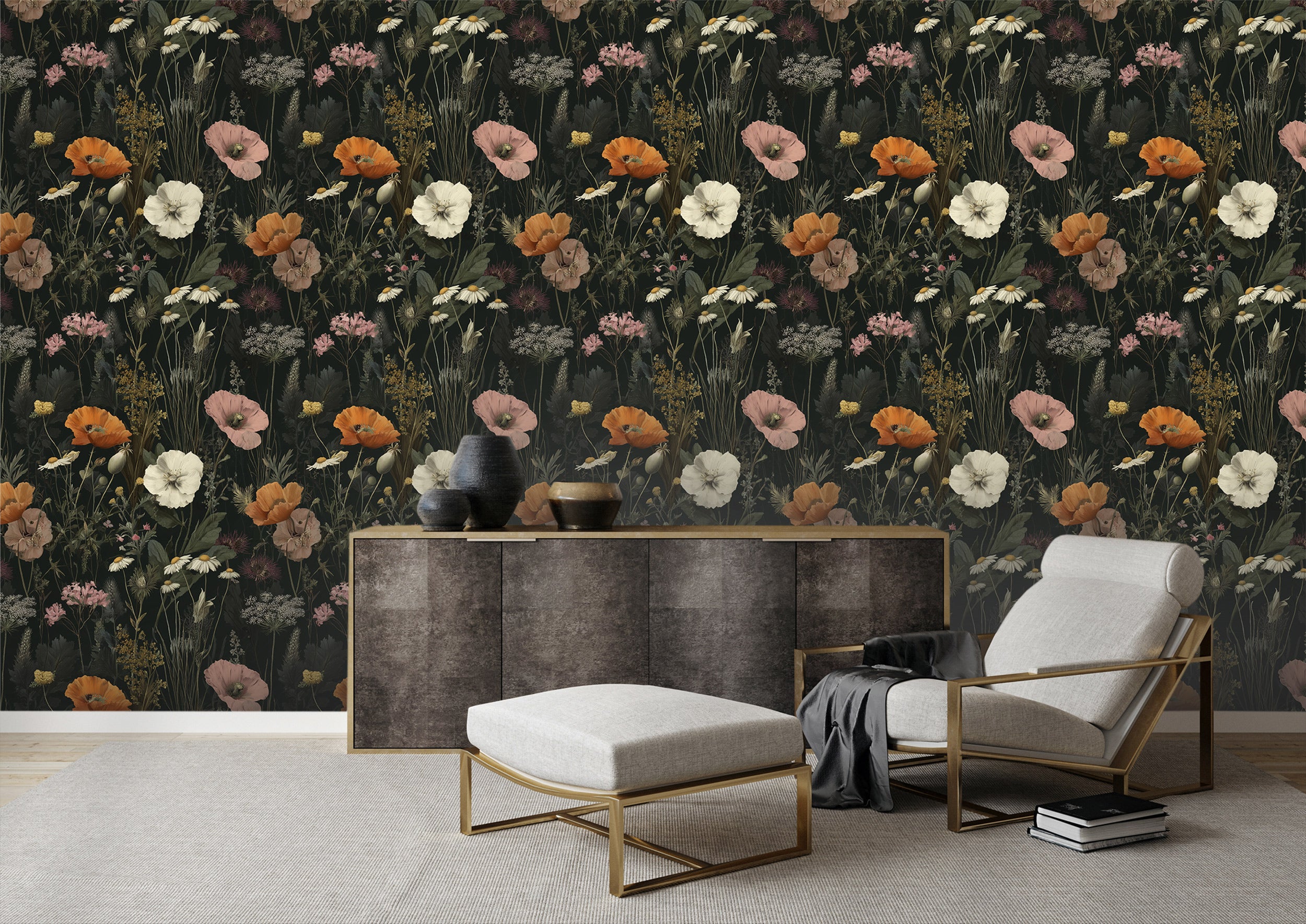 Dark botanical floral wallpaper with a black background and vivid poppies, daisies, and wildflowers in a modern living room s