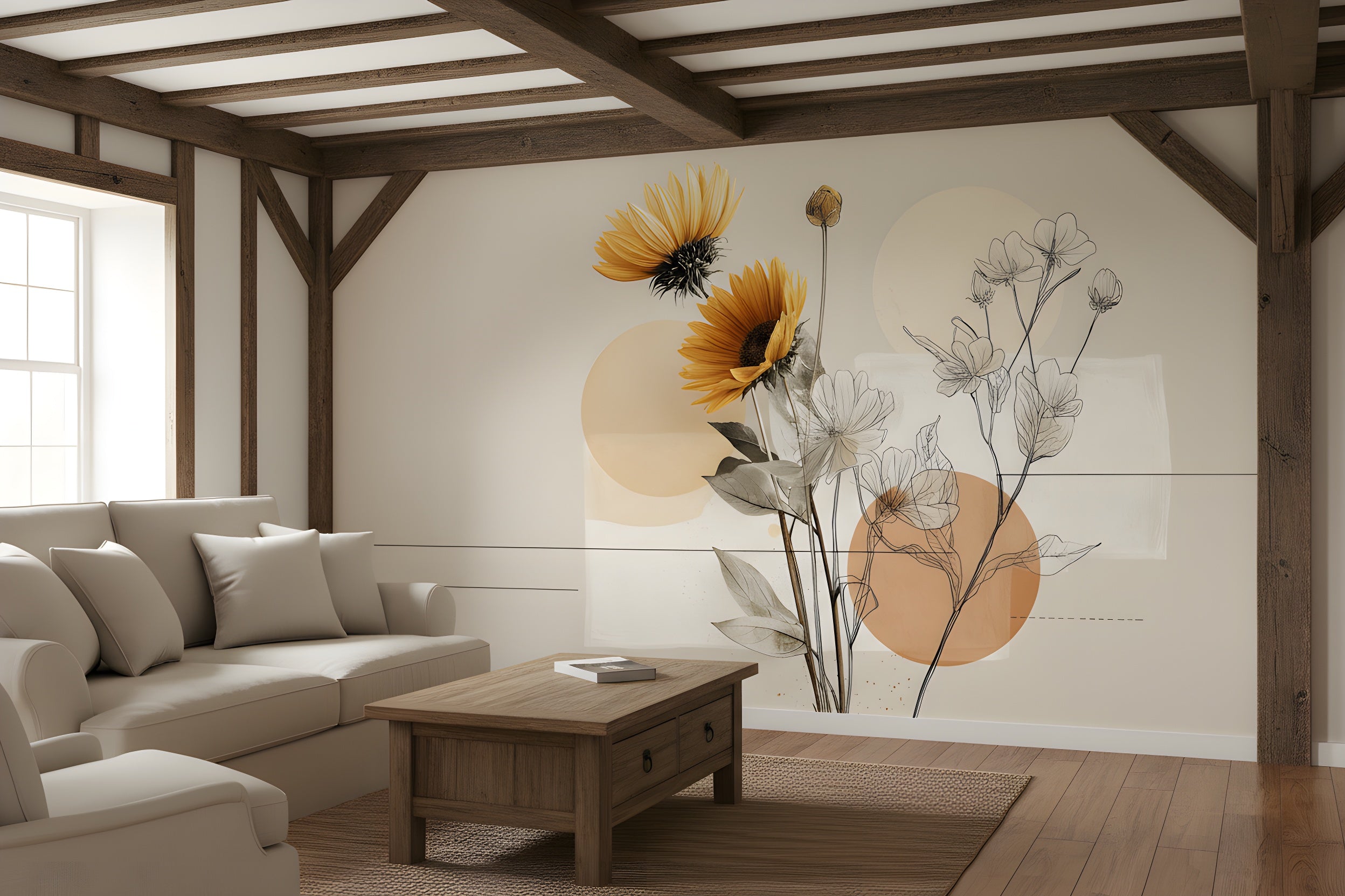 Abstract floral mural with orange sunflowers and line-drawn wildflowers against a neutral beige wall in a cozy living room with wood beams and a beige