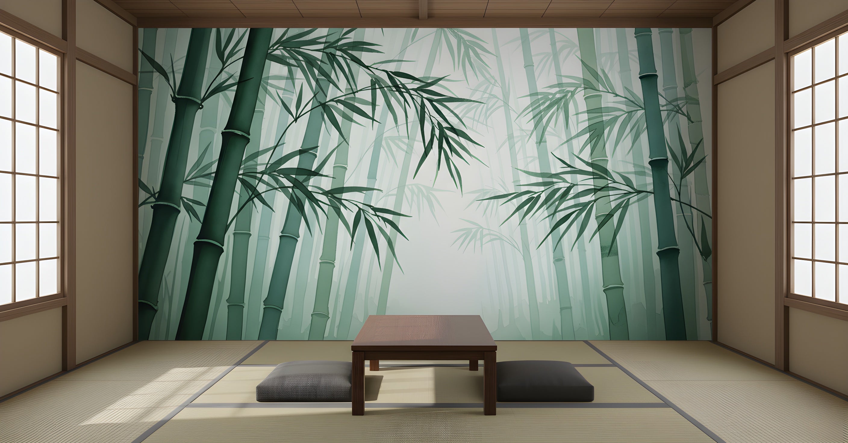Zen bamboo forest mural in a tranquil tatami room with sage green stalks and leaves, peel-and-stick nature wall art perfect for a calm bedroom or