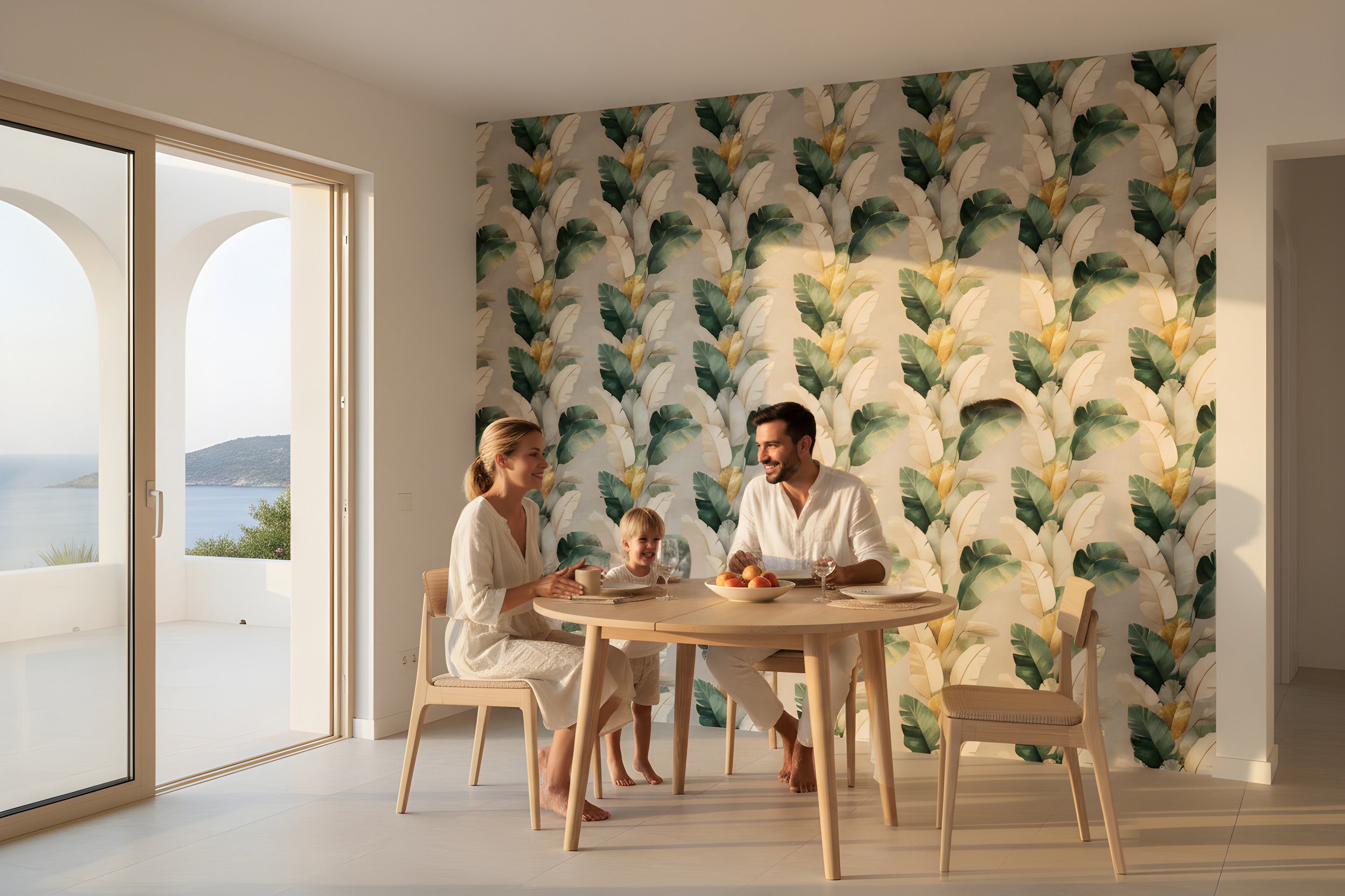Family at a light wood dining table in a sunlit room with tropical green and gold leaf wallpaper accent wall and large sliding glass doors to a