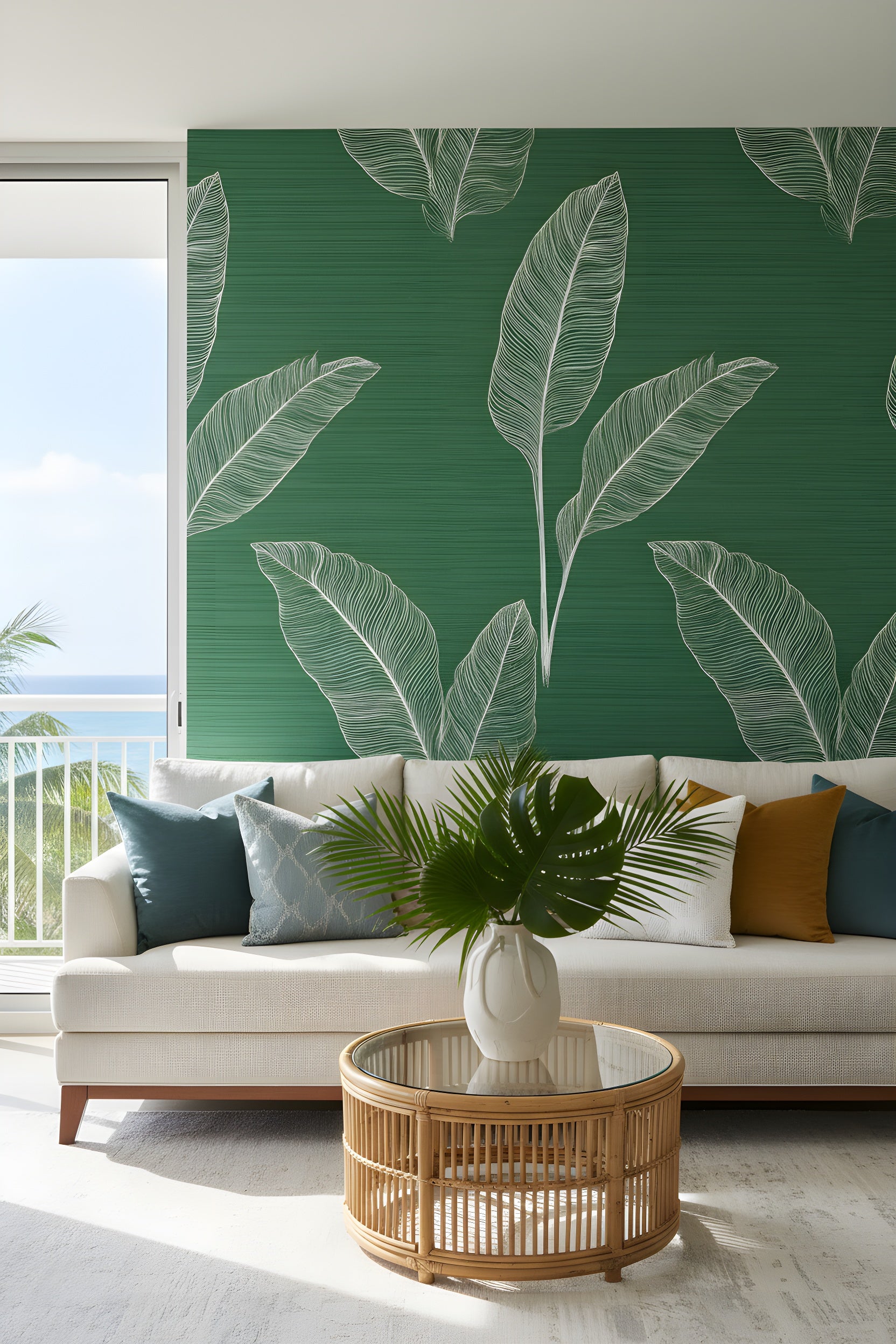 Green tropical leaf wallpaper with white line art on emerald background in a bright living room with beige sofa and tropical decor, modern peel and