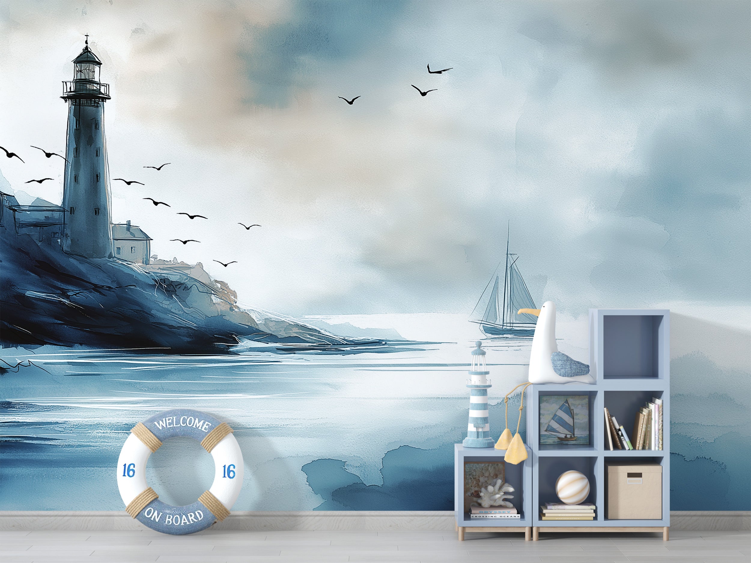 Coastal lighthouse watercolor mural in a blue seascape with rocky shore, sailboats, and seabirds in a tranquil room setting