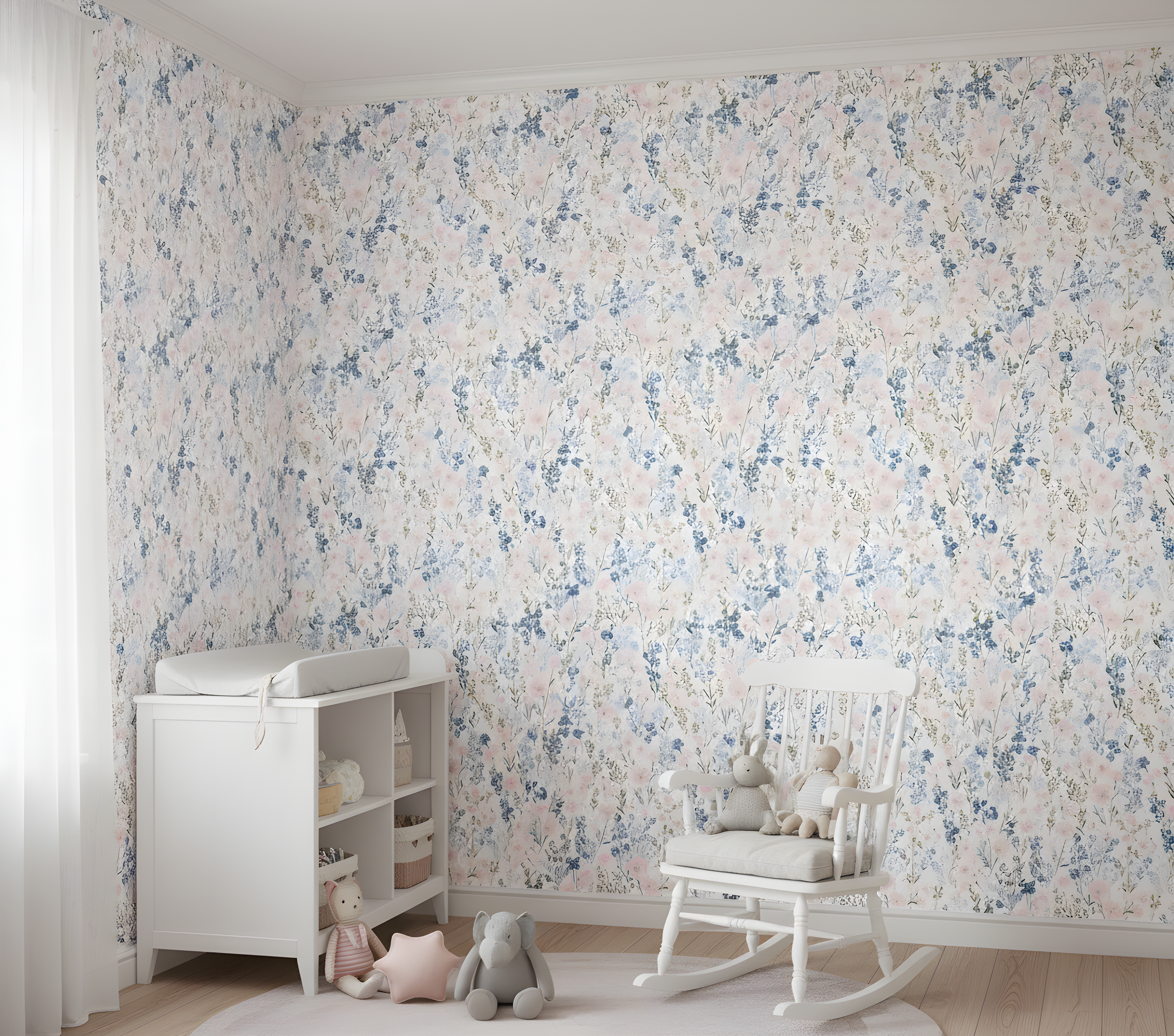 Soft pink and blue wildflower pattern wallpaper with green stems in a nursery, peel and stick decor for a serene bedroom acce