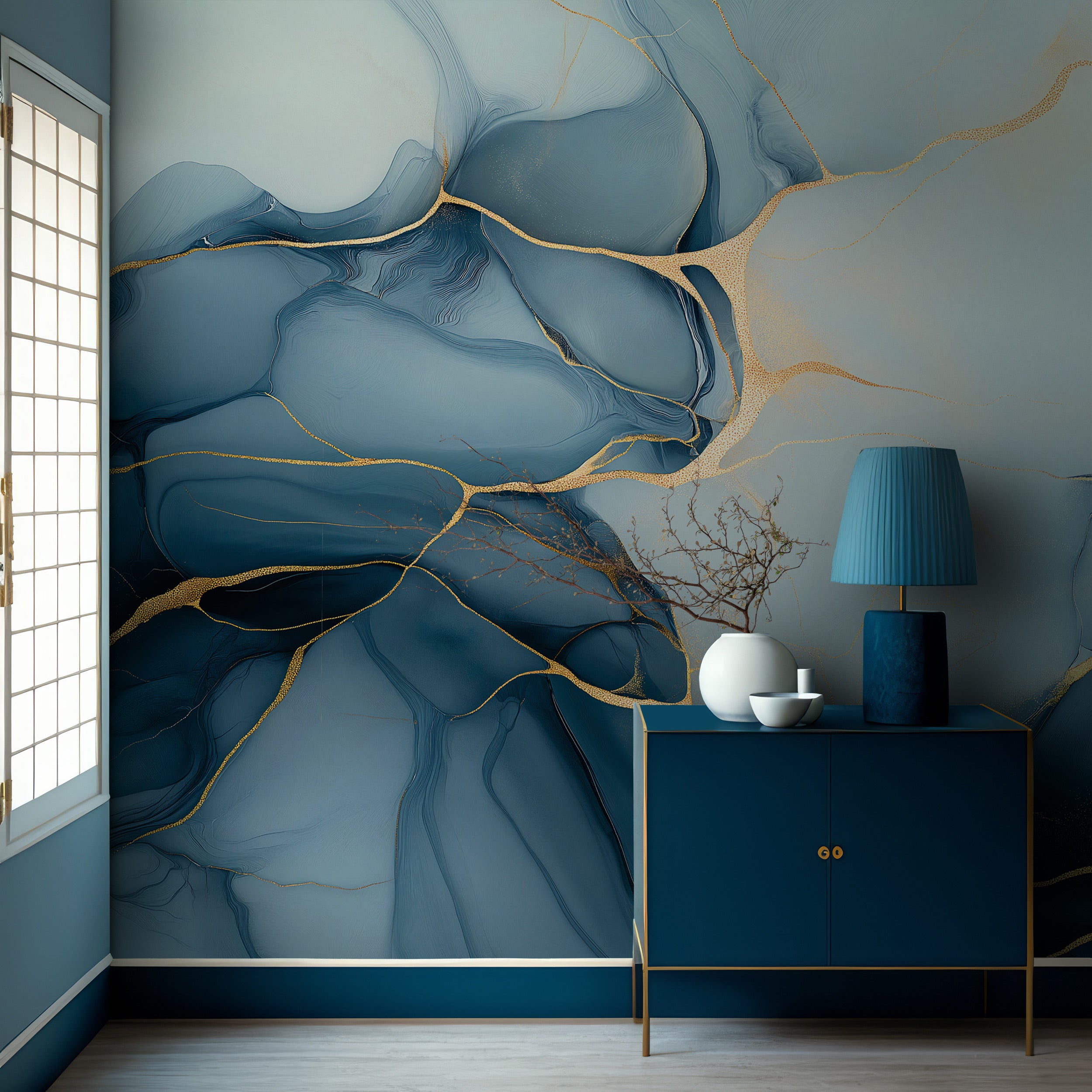Blue abstract marble mural with gold veining on a blue-toned living room wall featuring a blue cabinet and minimalist decor