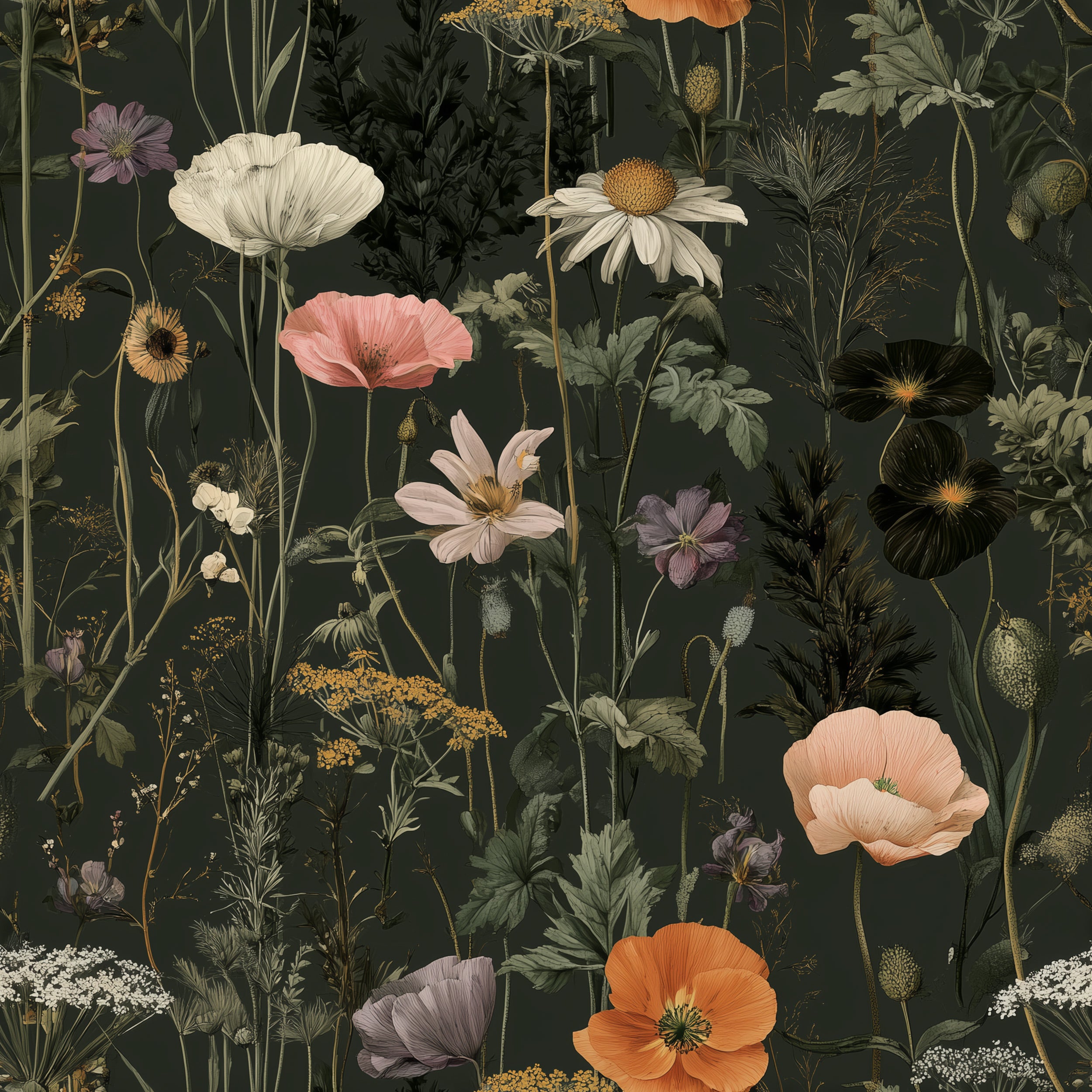 Dark green botanical wallpaper with detailed wildflowers including pink, white, and orange blossoms and dark foliage on a dee