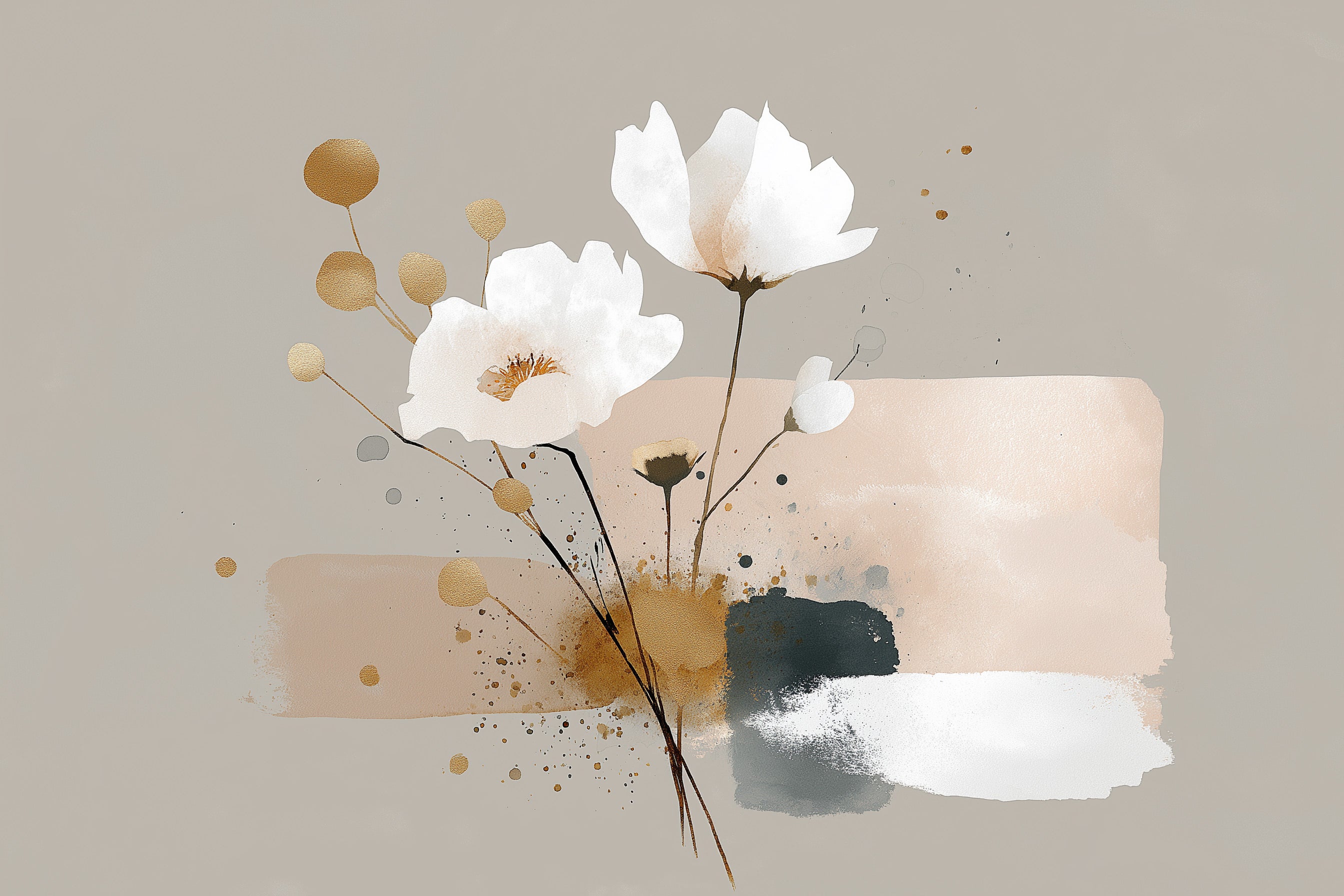 Abstract floral mural with white cosmos flowers on a soft beige and teal watercolor background featuring gold accents and abstract splashes