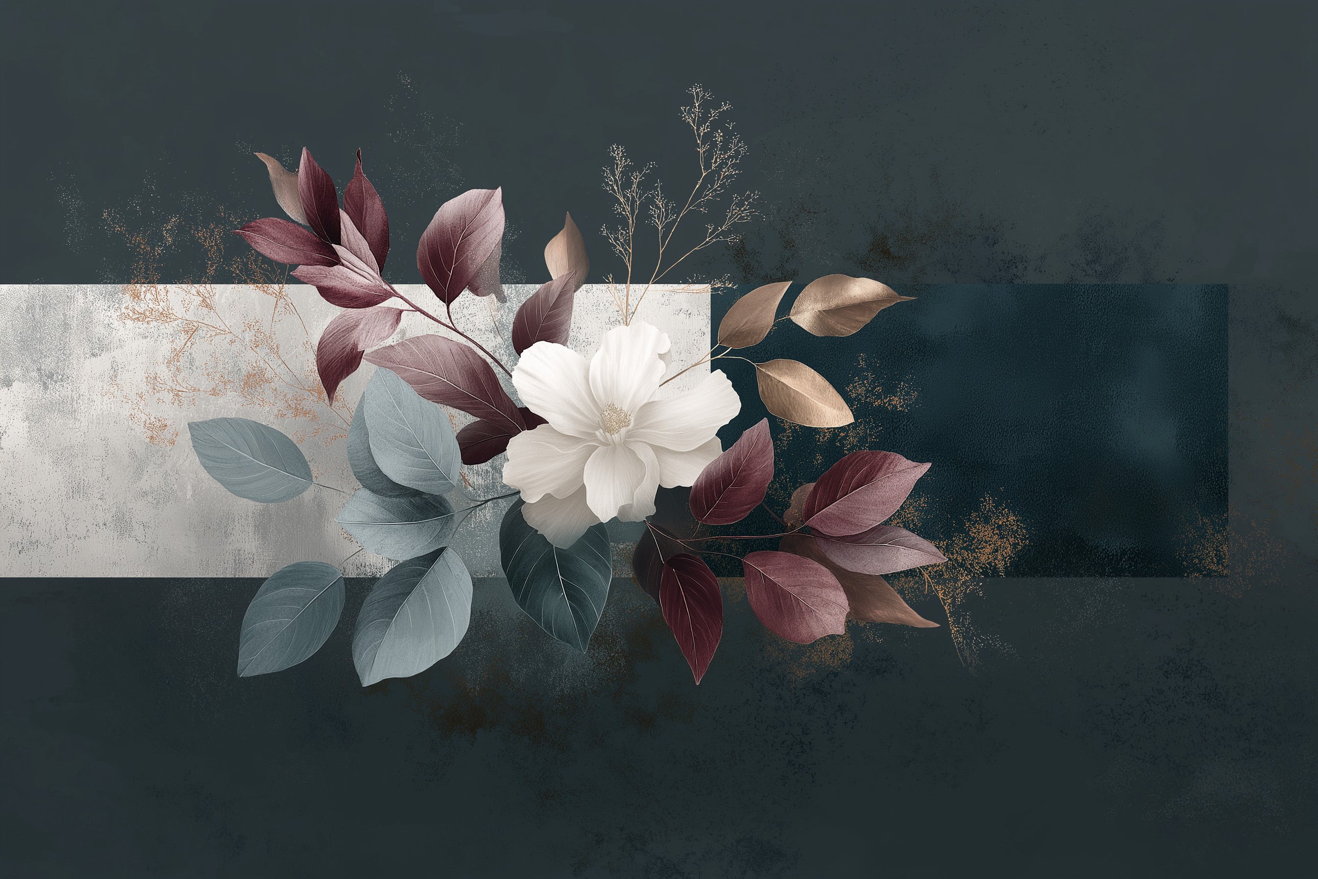 Removable dark elegant botanical mural showcasing a white magnolia bloom with burgundy, sage green, and bronze leaves against abstract navy panels and
