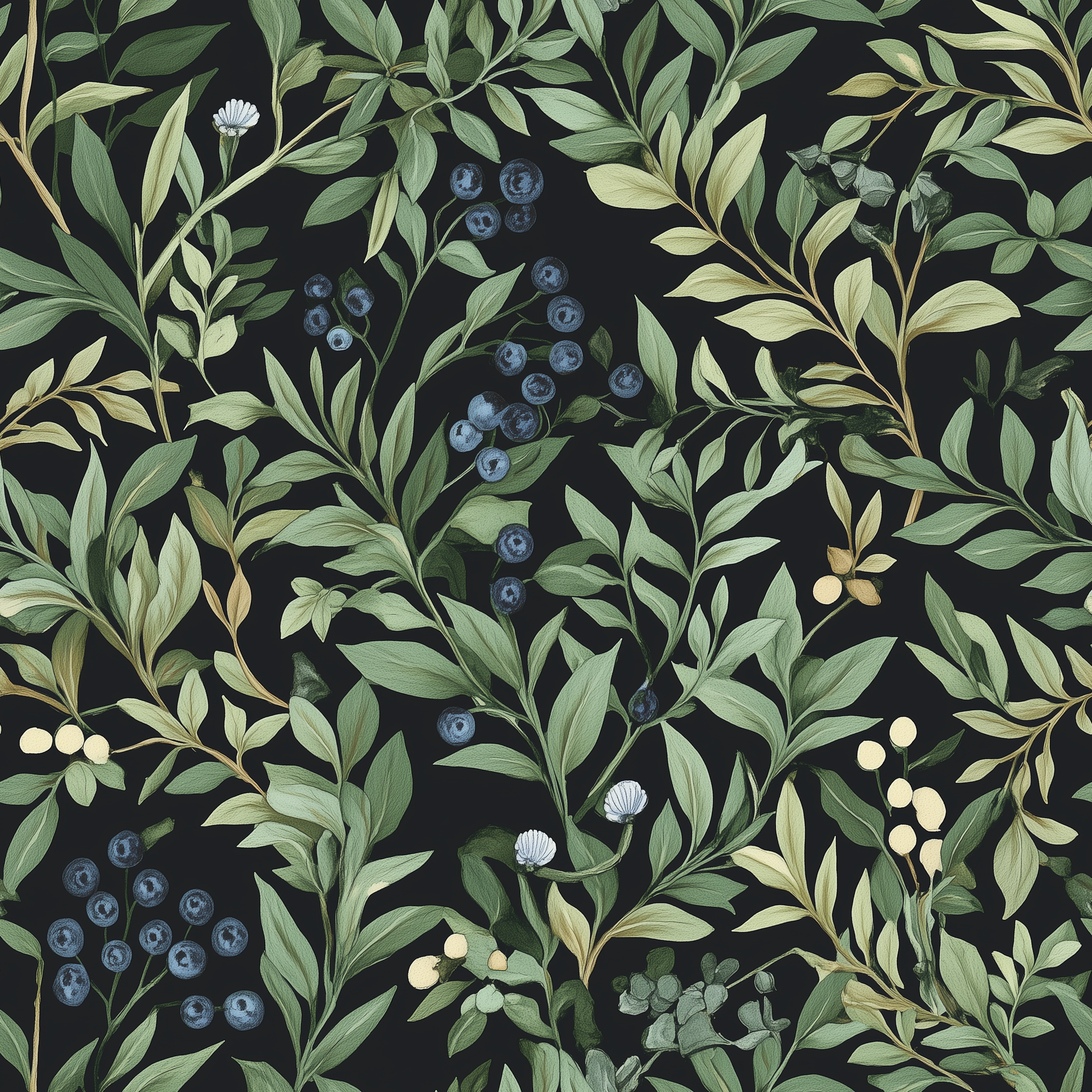 Dark black background with hand-painted green foliage and blueberry clusters on botanical wallpaper for kitchen dining spaces