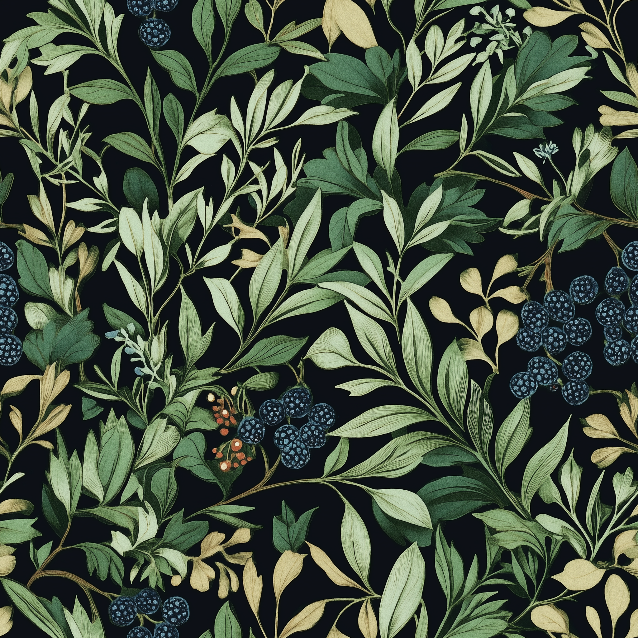 Dark moody botanical berry wallpaper with green leaves and blue berries on a black background, peel and stick style for livin