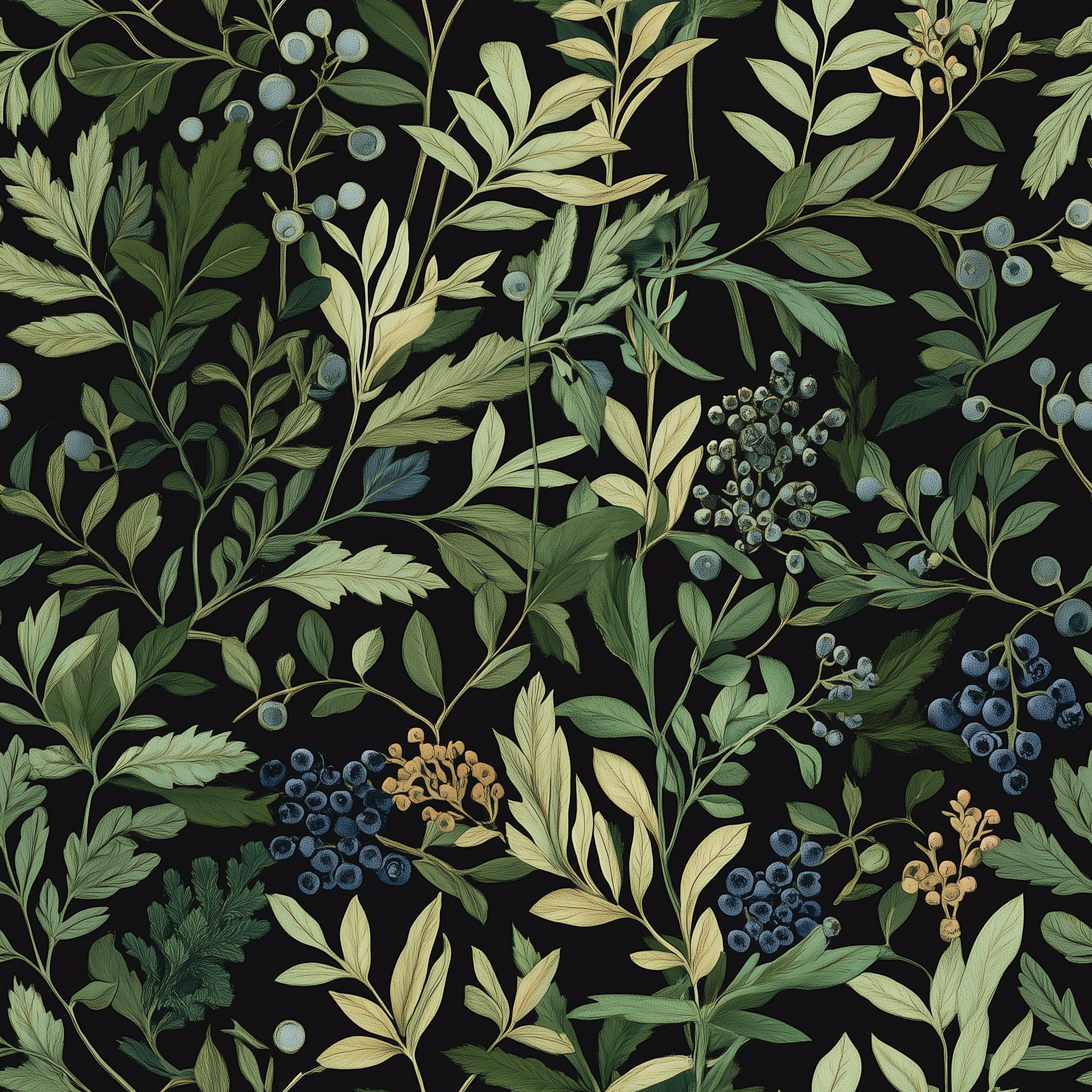 Dark botanical berry wallpaper with green leaves and blue berries, peel and stick removable design on black background