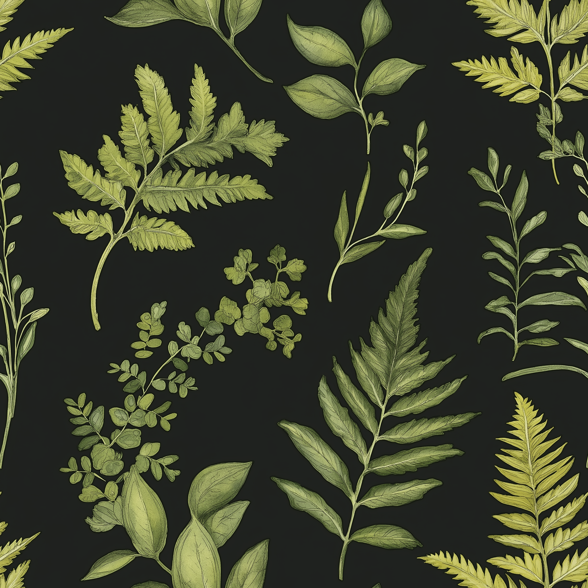 Dark background with metallic olive-green fern and leaf botanical patterns for a peel and stick wallpaper design