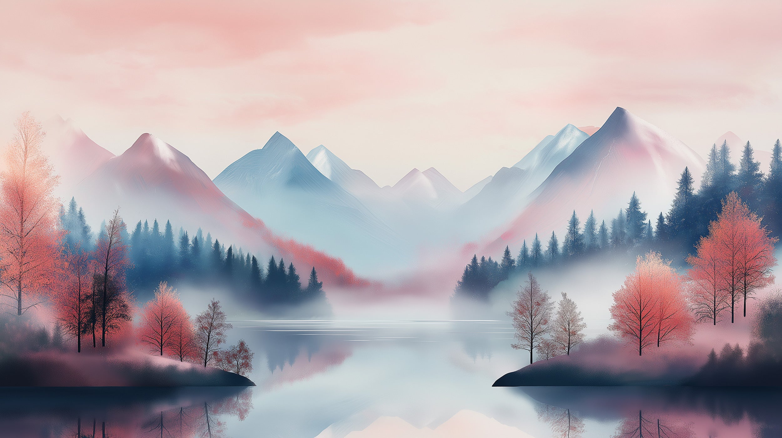 Tranquil pastel mountain lake mural with misty reflections, pink blue tones, and autumn trees along calm water in a serene be