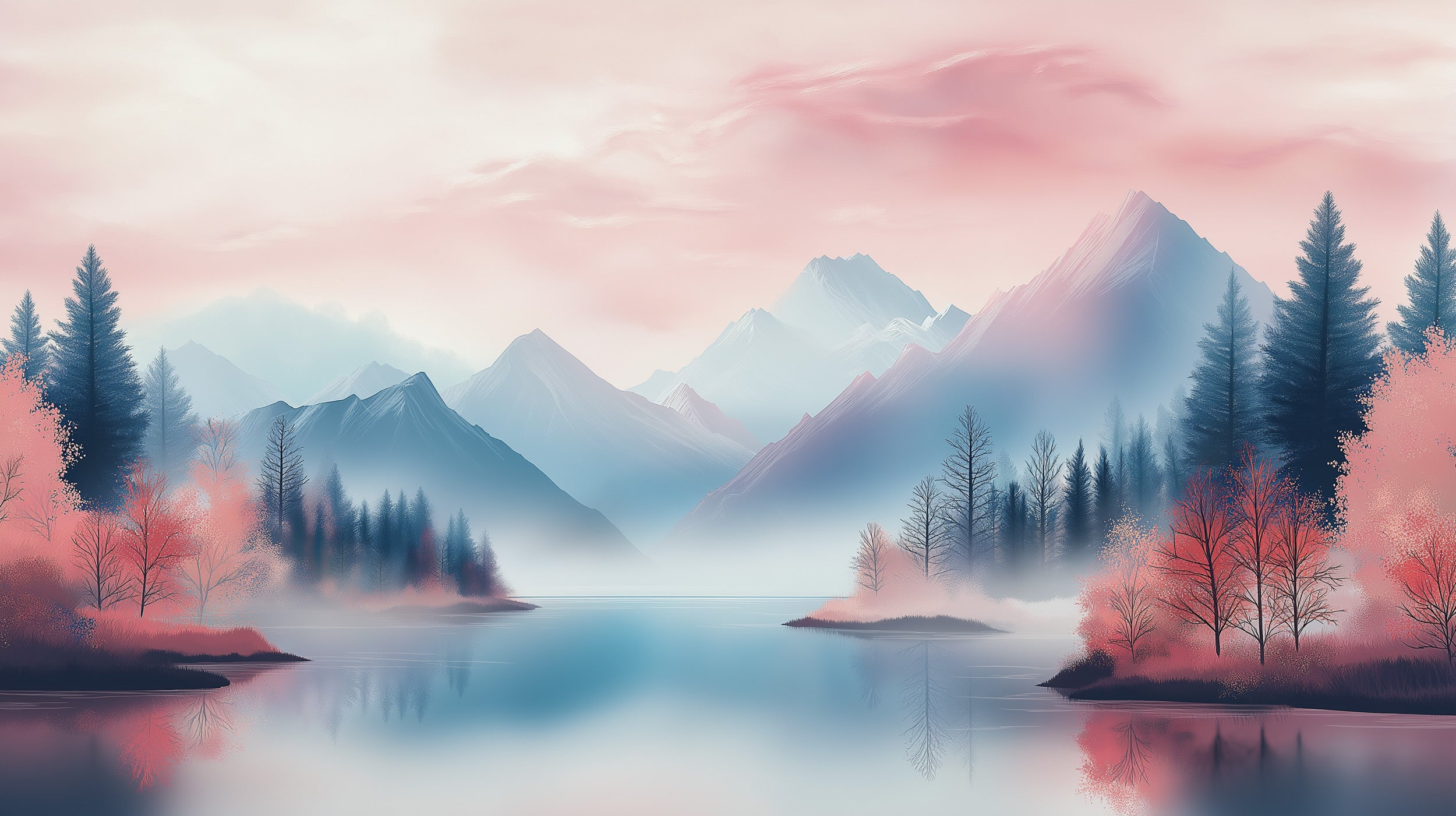 Pastel pink and blue mountain lake mural with snow peaks, misty forest, and calm reflection for a serene bedroom or living sp
